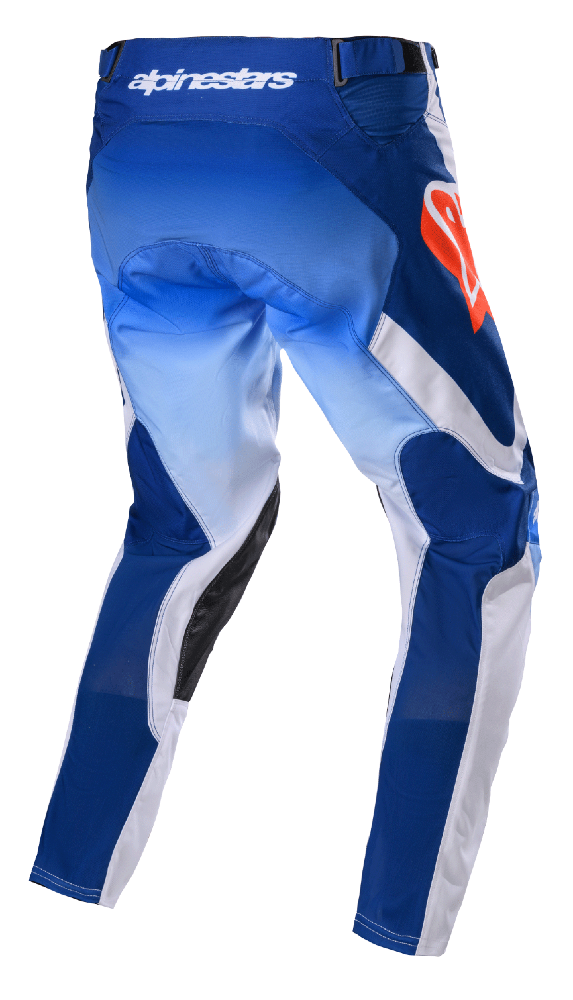 Alpinestars 2023 Racer Semi Pants, motorcross broek, Blue Hot Orange, achteraanzicht met blauw kleurverloop en witte panelen, fel oranje Alpinestars-logo op de heup, zwarte lederen binnenbeenverstevigingen, technisch ontwerp voor off-road racing