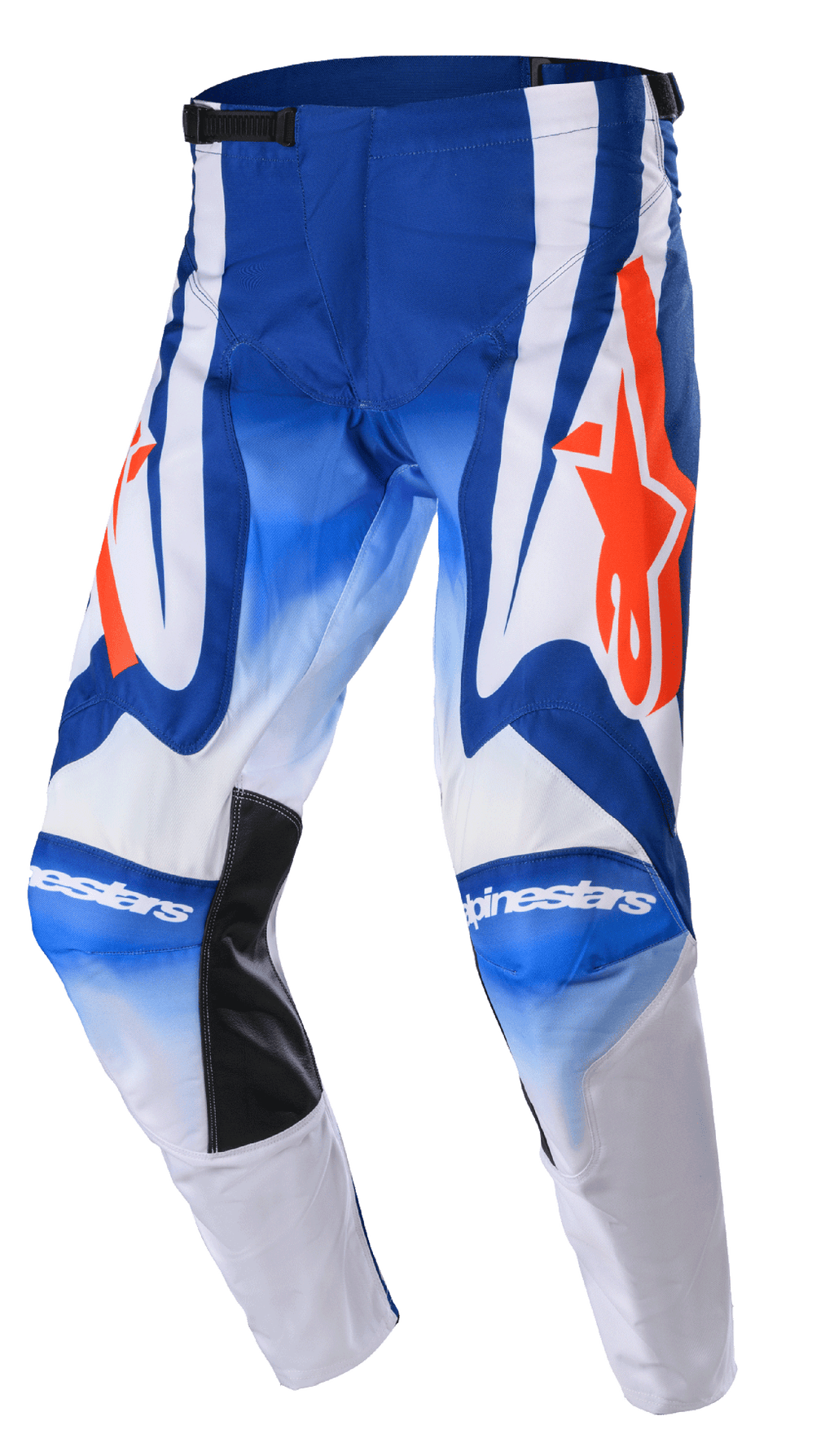 Alpinestars 2023 Racer Semi Pants, motorcrossbroek, blauw, wit en fel oranje, voorzien van grote oranje sterlogo's, zwarte hittebestendige binnenpanelen bij de knieën en een voorgevormd ergonomisch ontwerp voor off-road prestaties.