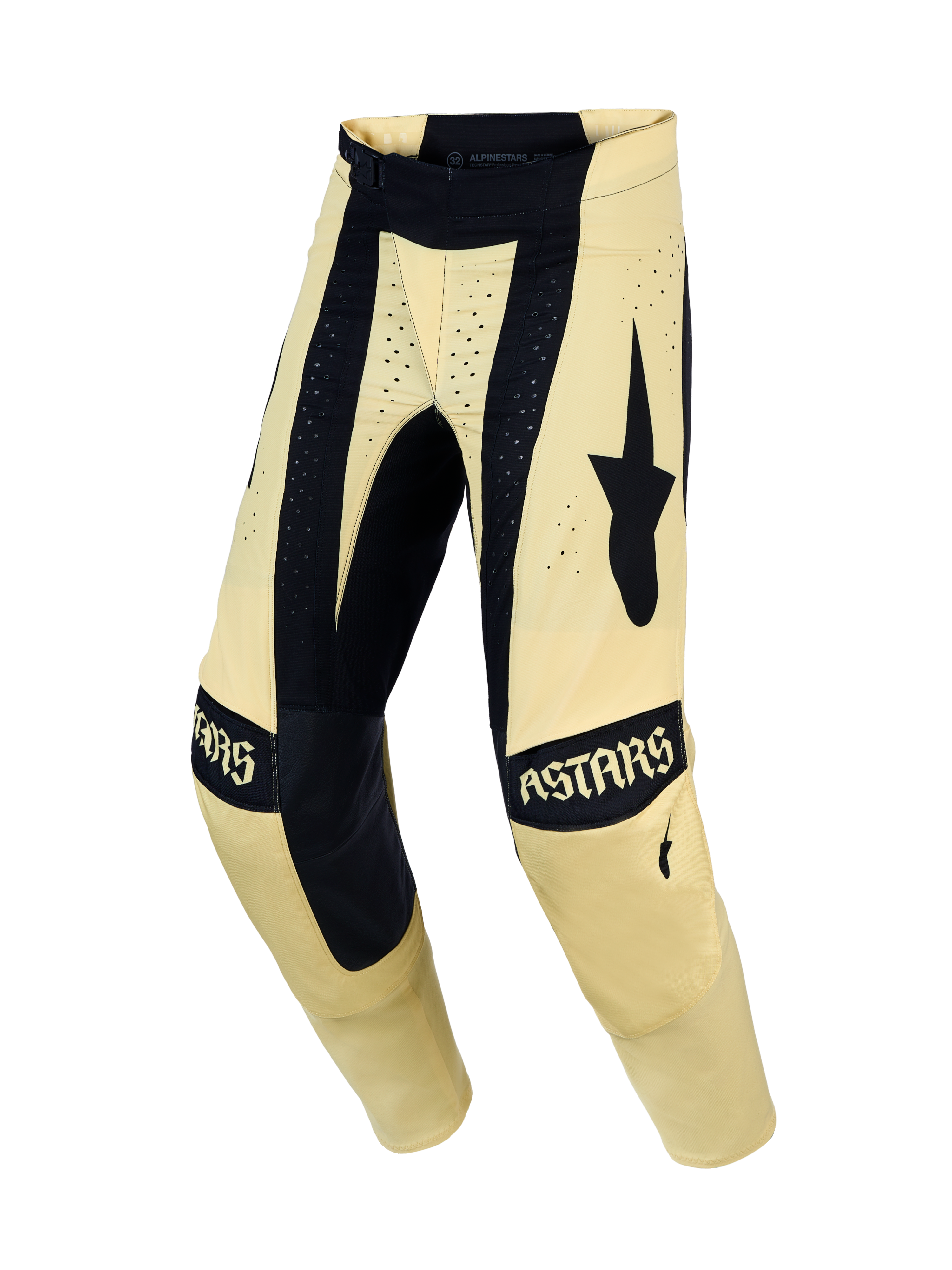 Alpinestars Techstar Atrox Men's Motocross Pants in Cream and Black with laser-cut ventilation for off-road performance.