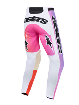 Alpinestars 2026 Racer Air Portl broek, motorcrossbroek, meerkleurig wit, roze en paars, achteraanzicht met zwarte Astars-logo's, zandkleurige lederen panelen aan de binnenkant van de knieën en geperforeerd poly-weefsel voor off-road prestaties