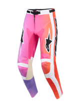 Alpinestars 2026 Racer Air Portl broek, motorcrossbroek, roze, oranje en paars multicolor, met witte zijpanelen, zwarte Alpinestars logo's, geperforeerde zones voor ventilatie en beige lederen knieverstevigingen aan de binnenzijde.