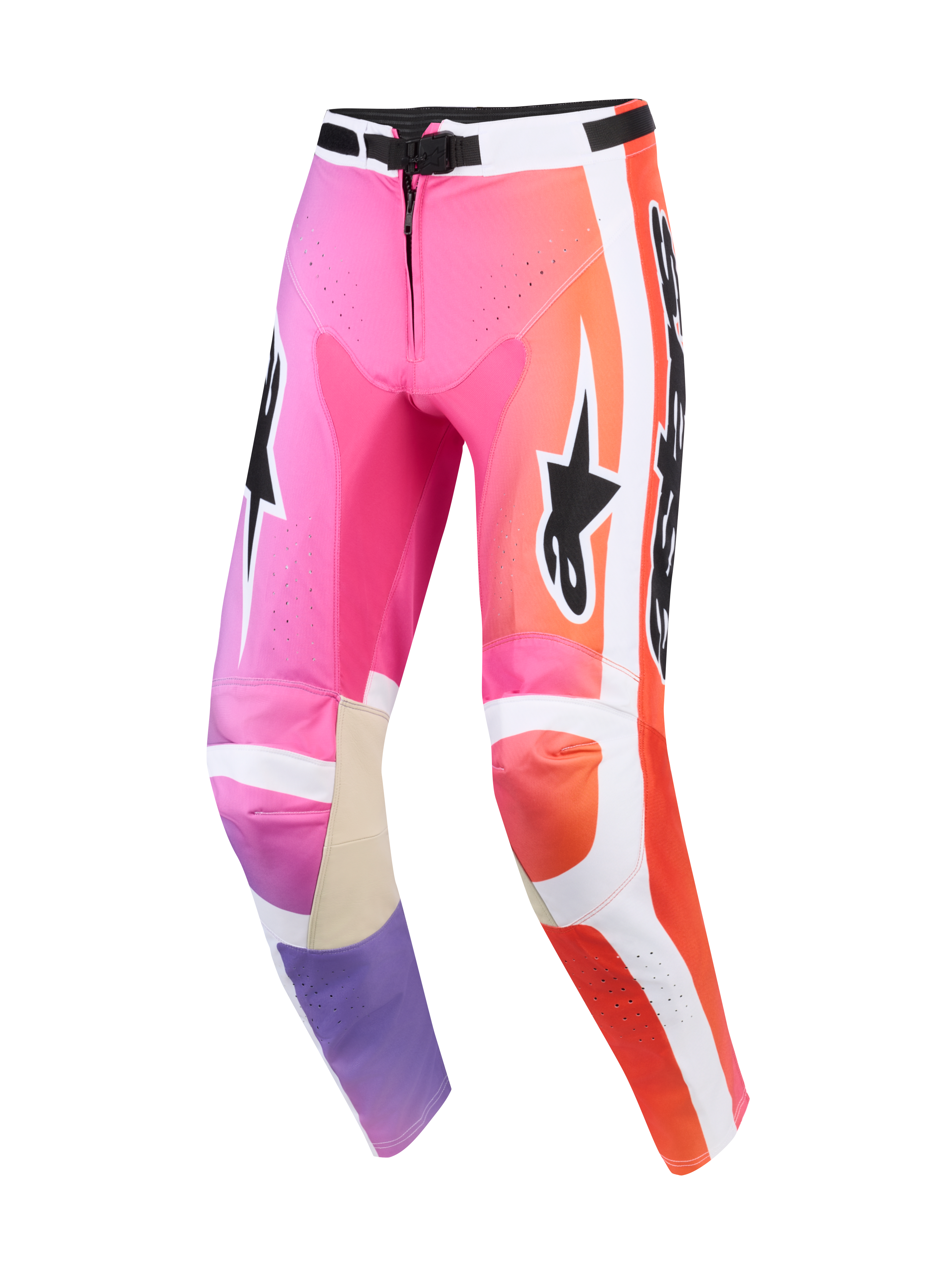 Alpinestars 2026 Racer Air Portl broek, motorcrossbroek, roze, oranje en paars multicolor, met witte zijpanelen, zwarte Alpinestars logo's, geperforeerde zones voor ventilatie en beige lederen knieverstevigingen aan de binnenzijde.