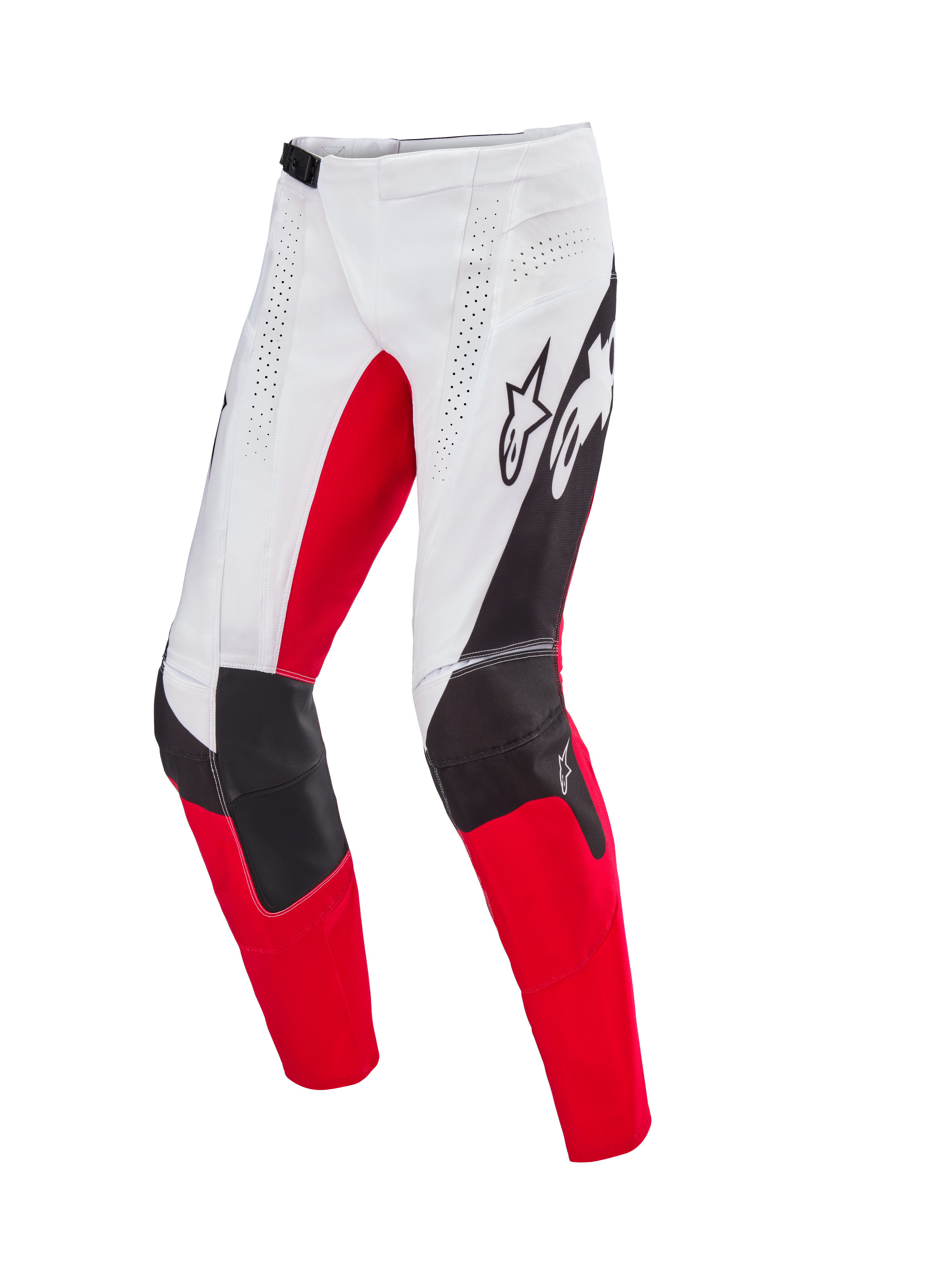 Alpinestars Limited Edition Techstar Deep Pants, Motocross Pants, White Black and High Red, featuring laser-perforated ventilation, 3D Babel knee construction with reinforced panels, and bold Alpinestars branding on the thighs, designed for professional off-road performance.