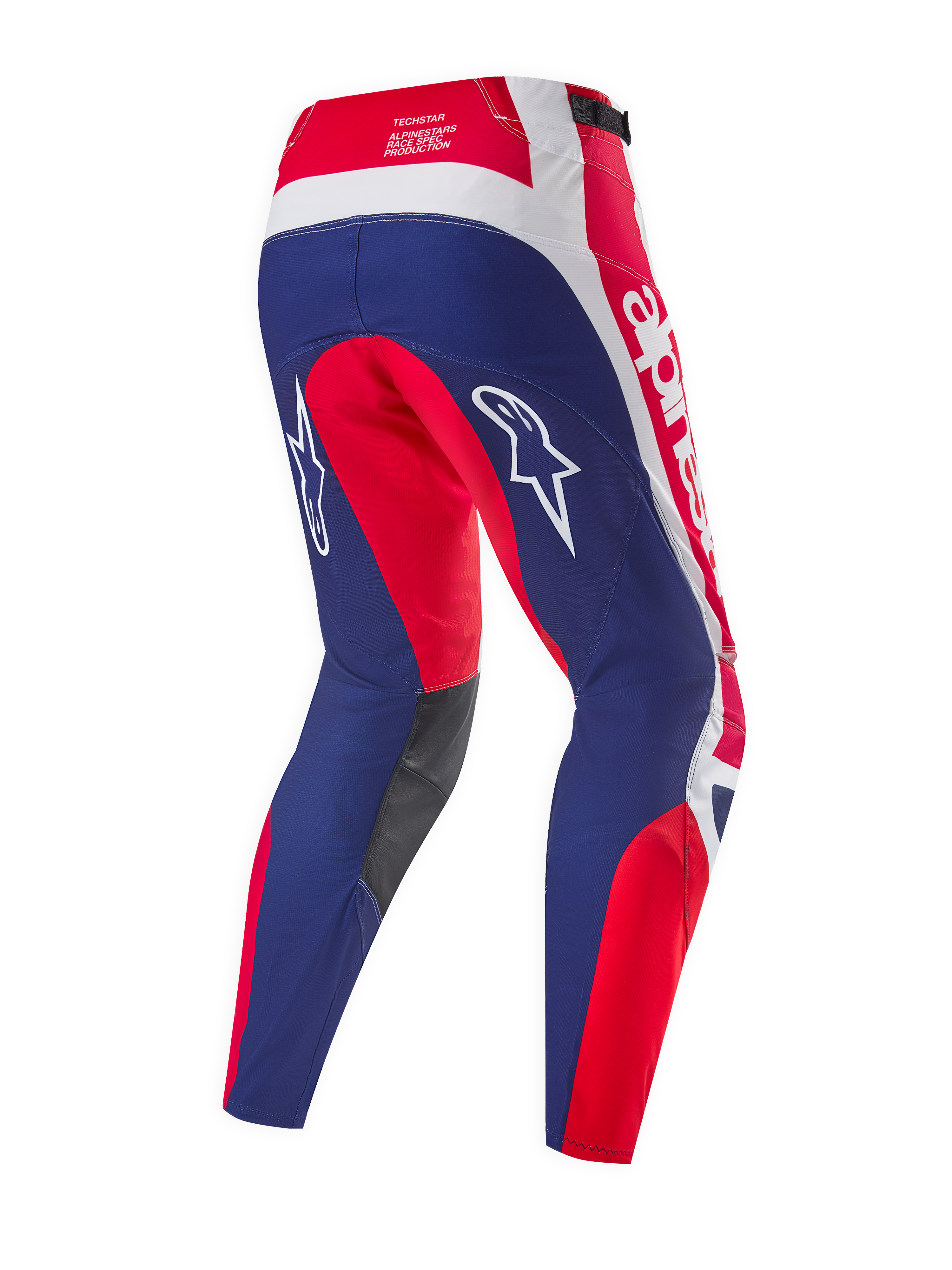 Alpinestars Limited Edition Techstar Fortitude broek, motorcross broek, felrood met wit en blauw, achteraanzicht met focus op ergonomische racepanelen, witte Alpinestars-logo's en donkergrijze binnenkniepanelen.