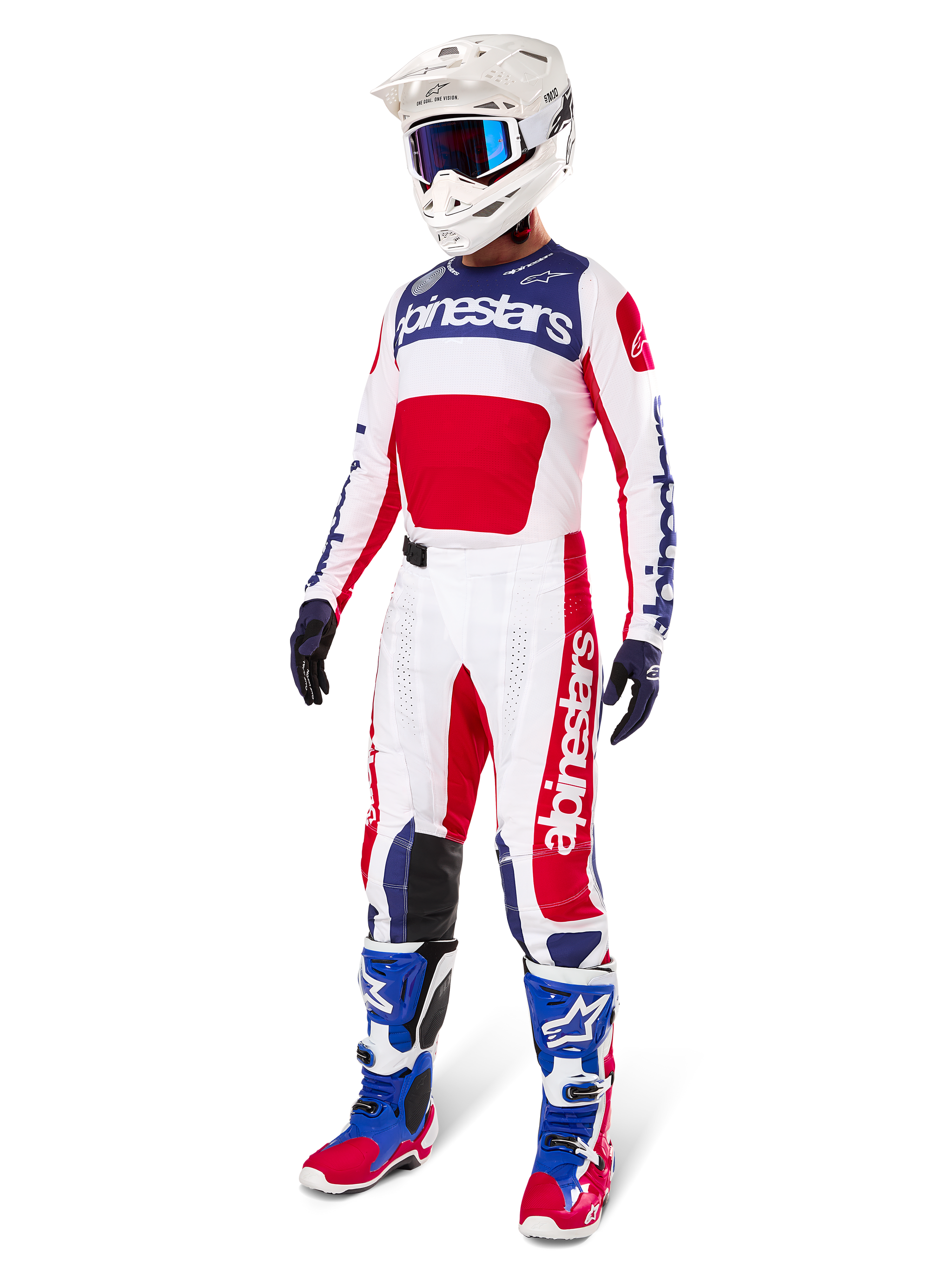 Alpinestars Limited Edition Techstar Fortitude Pants, Motocross gear set, Red White and Blue, worn with matching jersey, white helmet, blue goggles, and blue and red boots, coordinated professional racing outfit for off-road competition