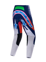 Alpinestars Limited Edition Supertech Records broek, motorcrossbroek, meerkleurig met donkerblauw, wit en roze accenten, achteraanzicht met grote merknaam op het zitvlak en sterlogo's op de dijen, duurzaam ontwerp voor off-road racen