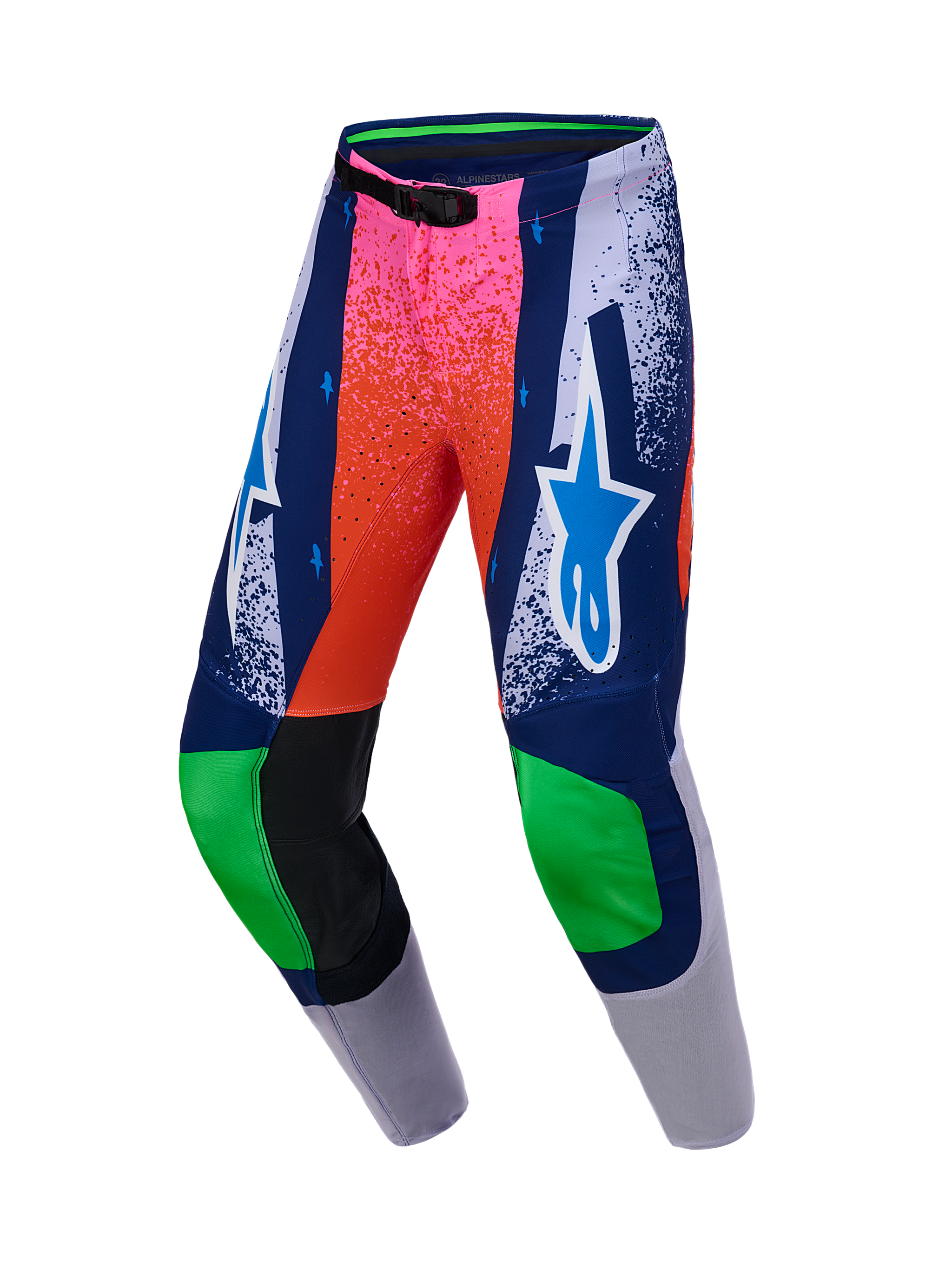 Alpinestars Limited Edition Supertech Records broek, motorcrossbroek, meerkleurig ontwerp met een kleurverloop van roze naar oranje, blauwe en grijze panelen, groene knie-accenten, witte Alpinestars-logo's, zwarte lederen kniestukken aan de binnenzijde en een magnetische gespsluiting.