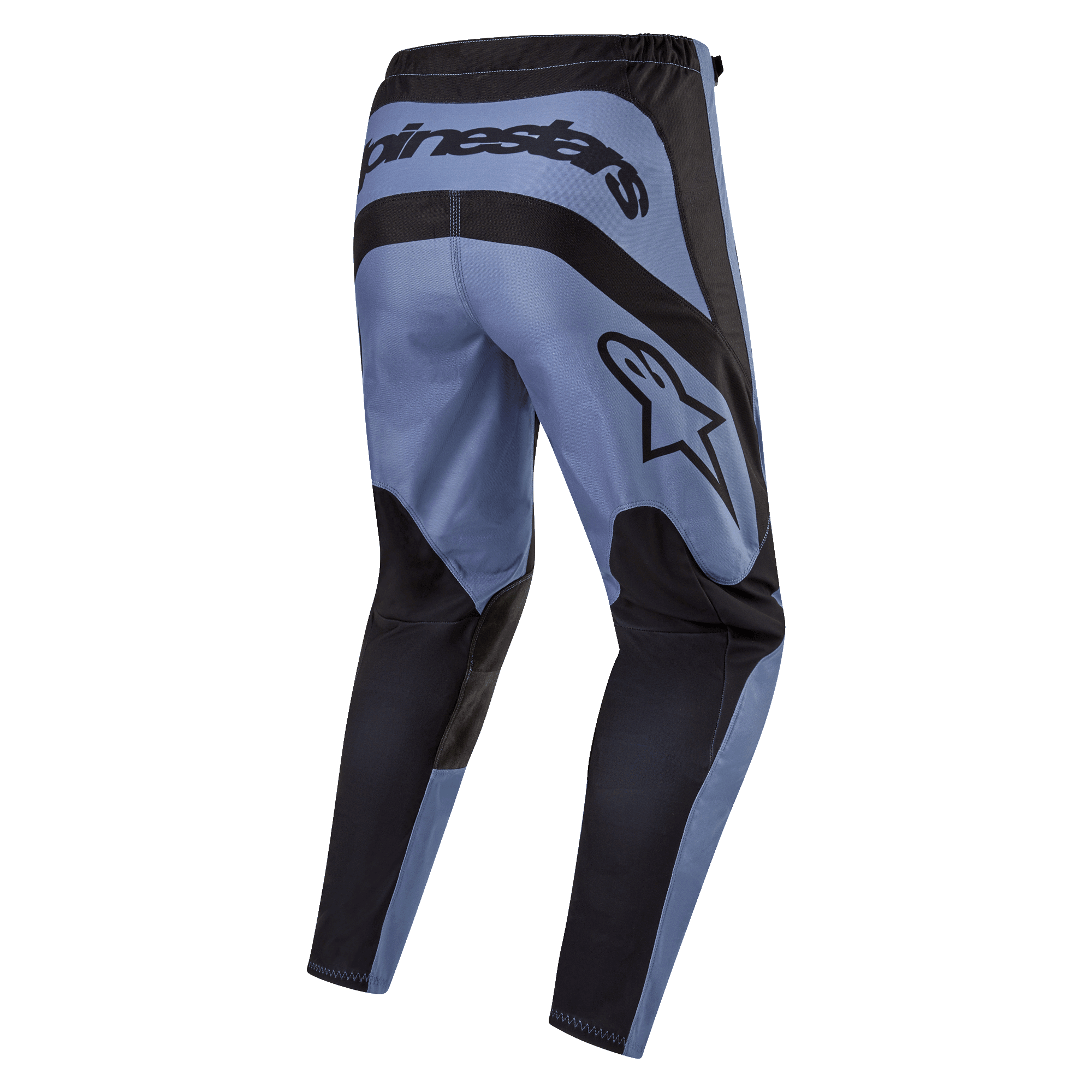 Alpinestars 2024 Fluid Lurv broek, motorcrossbroek, lichtblauw en zwart, achteraanzicht met opvallende Alpinestars-branding op de achterkant en zijkant, zwarte versterkte panelen op het zitvlak en de binnenkant van de benen, ergonomisch voorgevormd ontwerp voor off-road prestaties
