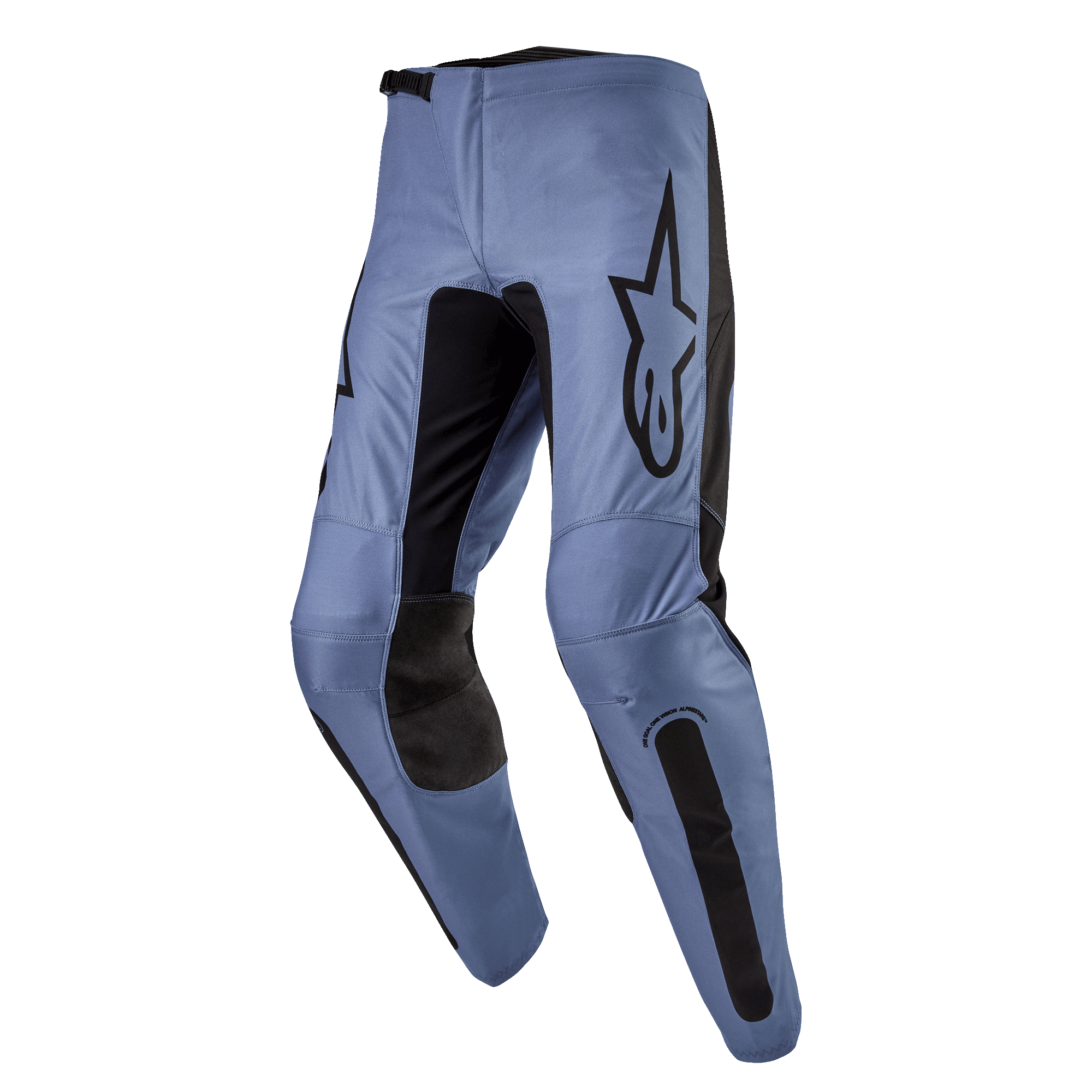 Alpinestars 2024 Fluid Lurv Pants, motorcrossbroek, lichtblauw en zwart, met een groot zwart Alpinestars-logo op de dij, zwarte versterkte binnenkniepanelen en een ergonomisch voorgevormd beenontwerp voor off-road rijden.
