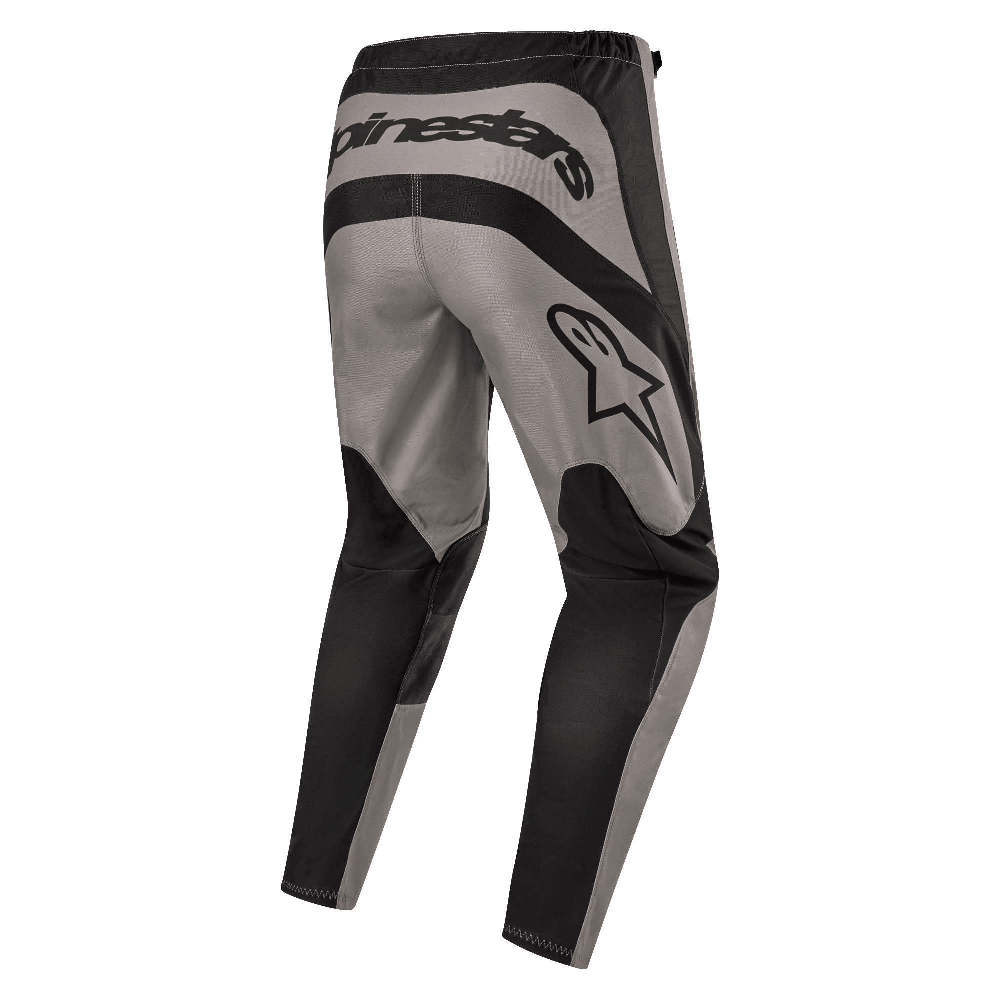 Alpinestars 2024 Fluid Lurv broek, motorcrossbroek, Mud Black, achteraanzicht met opvallende Alpinestars-branding op de achterkant en sterlogo op de rechterdij, grijs en zwart paneelontwerp met duurzame 600D poly-stof voor off-road rijden.