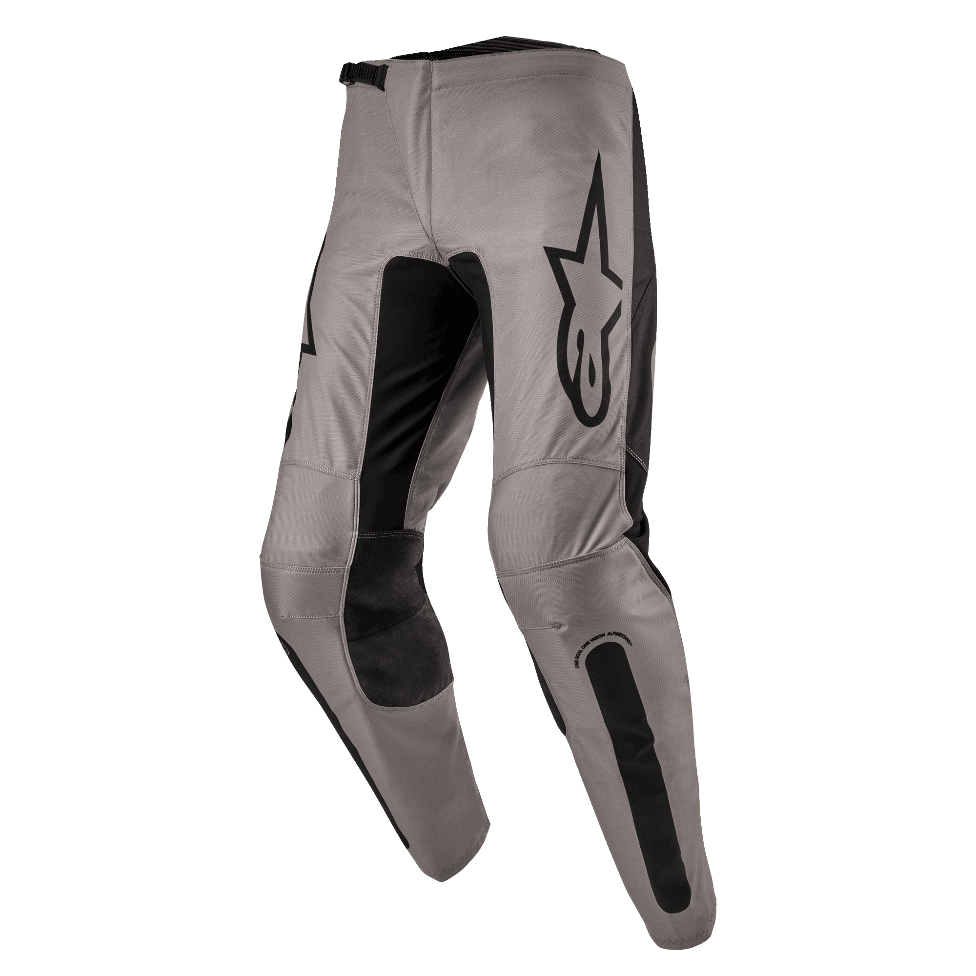 Alpinestars 2024 Fluid Lurv broek, motorcrossbroek, Mud Black, met een grijs-beige chassis en zwarte stretchpanelen aan de binnenzijde van de benen en knieën, opvallend zwart Alpinestars-logo op de dij, ergonomisch voorgevormd ontwerp voor off-road rijden