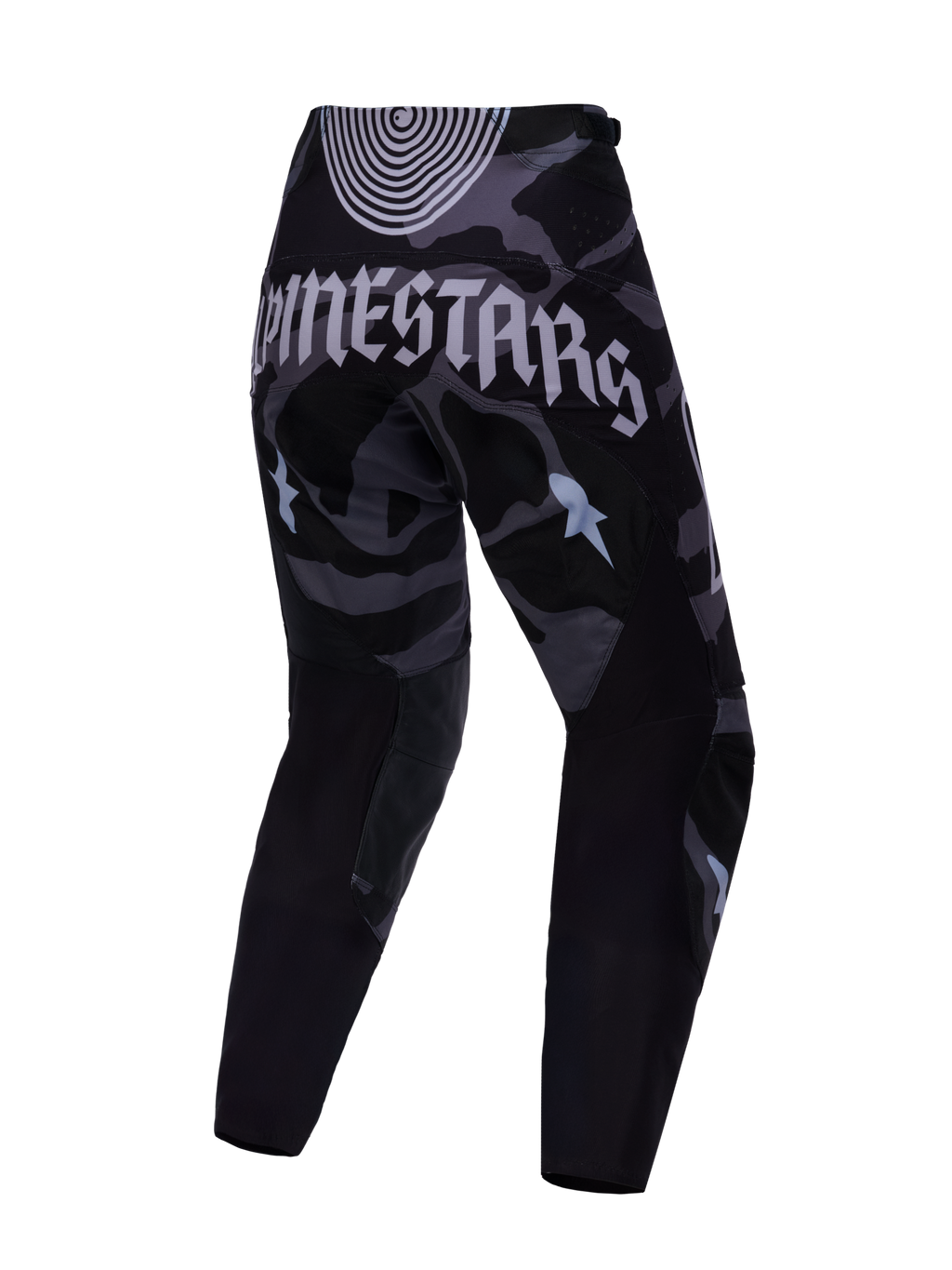 Beperkte Oplage Techstar Beast Coast broek, achterzijde, zwart-grijs camo met groot Alpinestars-logo op het zitvlak.