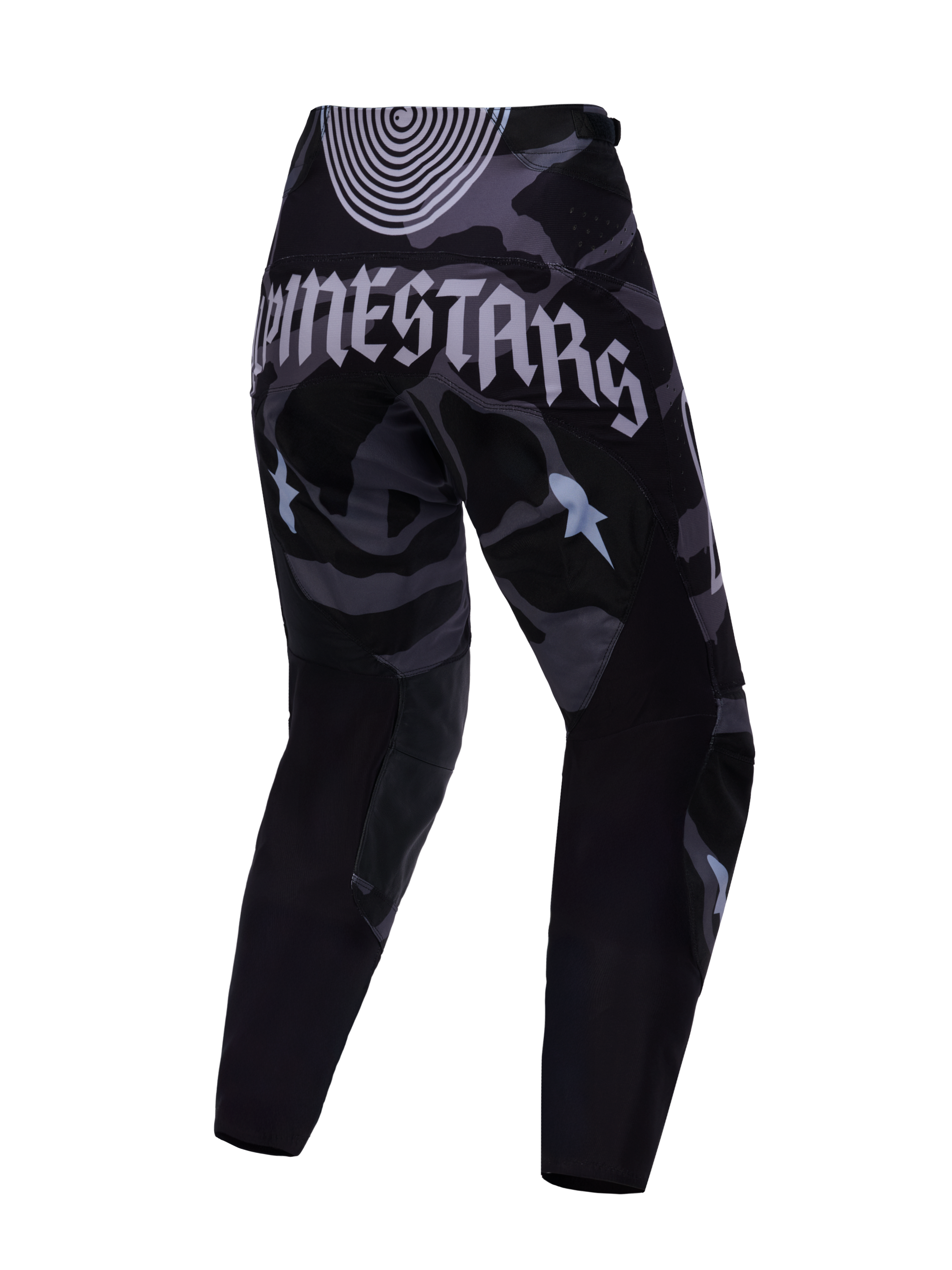 Beperkte Oplage Techstar Beast Coast broek, achterzijde, zwart-grijs camo met groot Alpinestars-logo op het zitvlak.