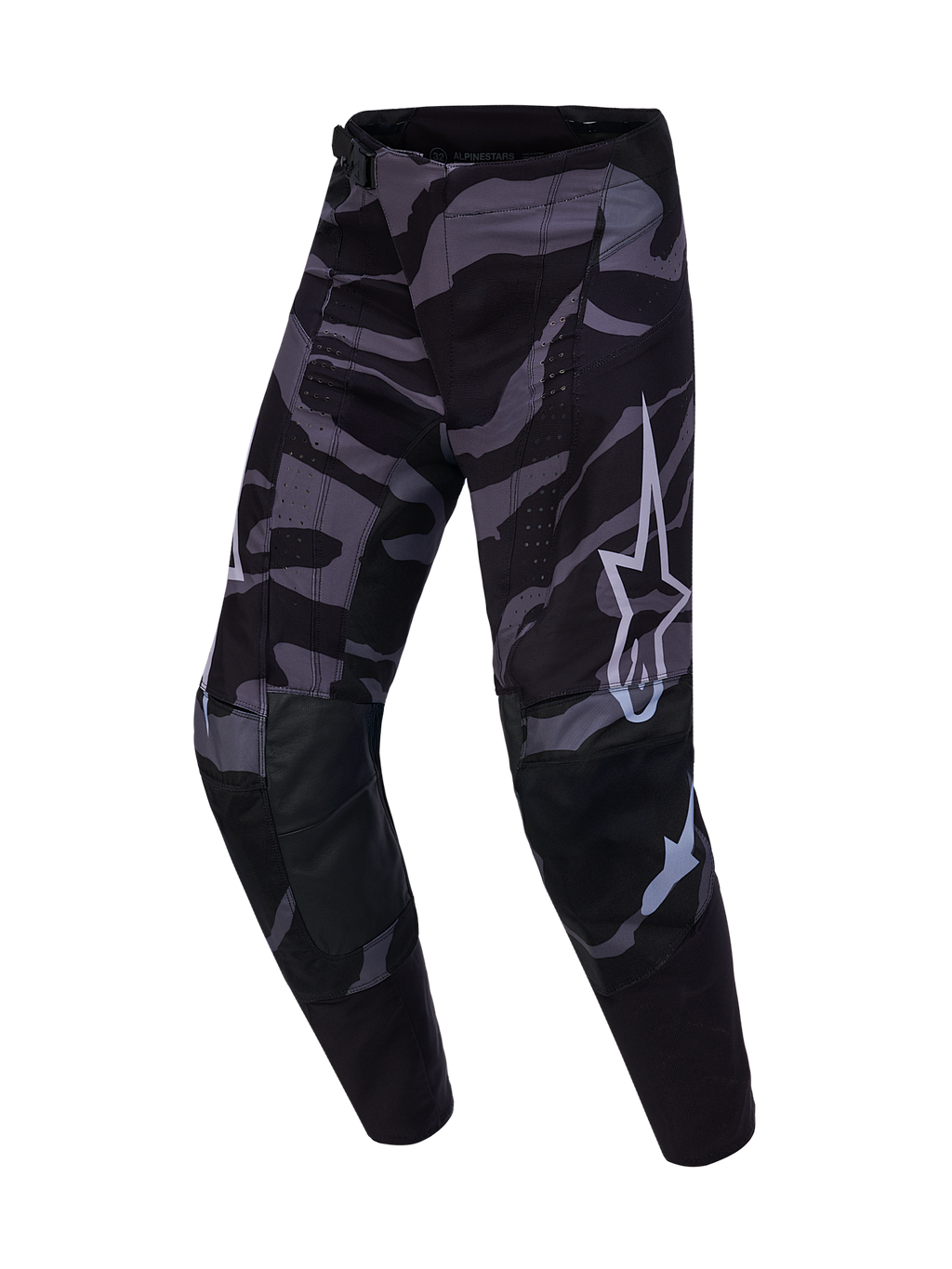 Beperkte Oplage Techstar Beast Coast broek, zwart-grijs camo, wit Alpinestars logo, lederen knieën en laserperforaties.
