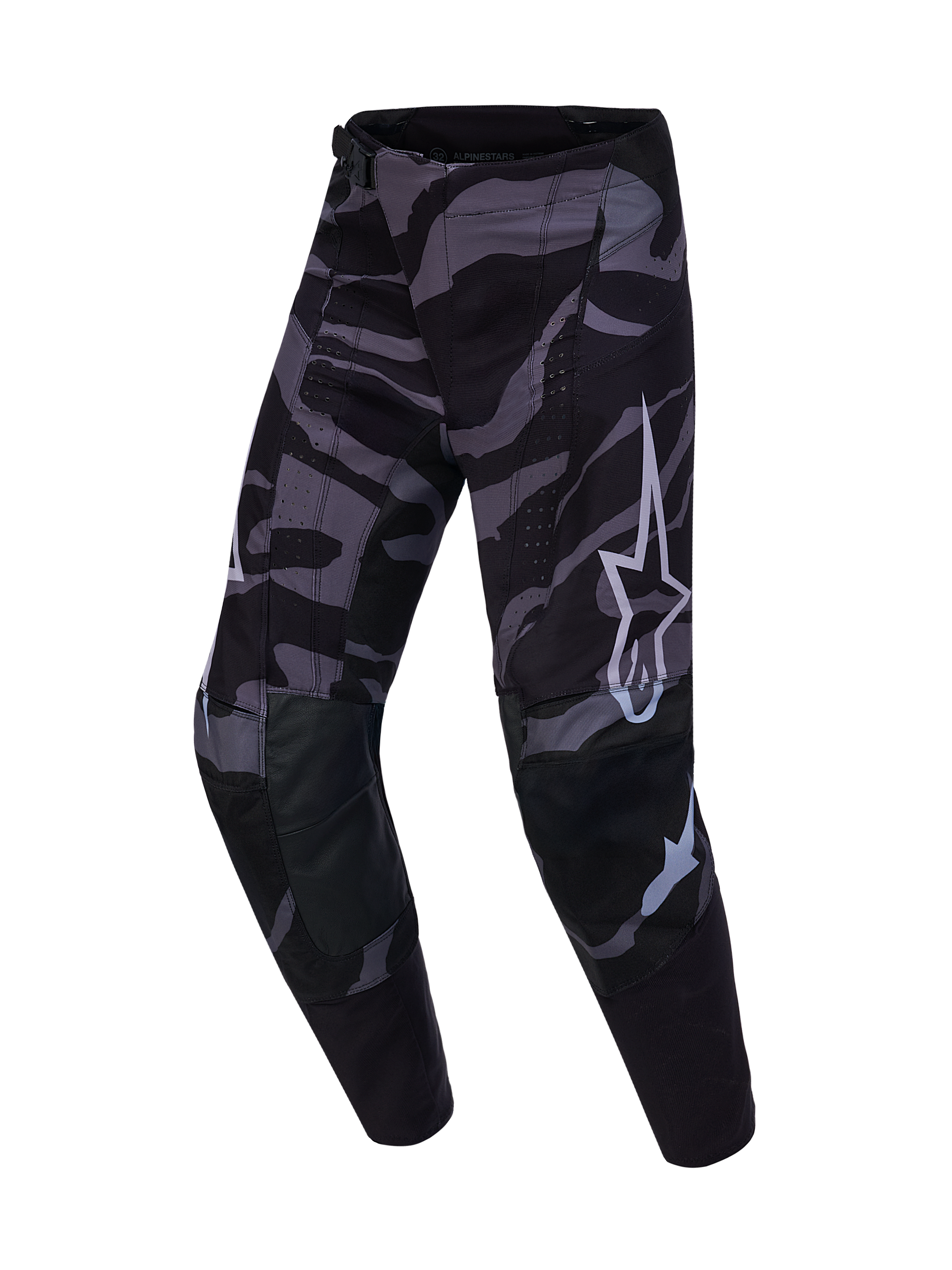 Beperkte Oplage Techstar Beast Coast broek, zwart-grijs camo, wit Alpinestars logo, lederen knieën en laserperforaties.