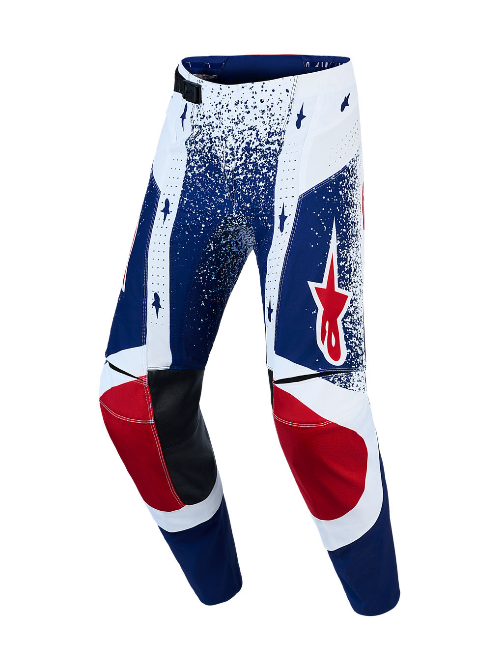 Alpinestars Techstar Unity broek, blauwe en witte motorcrossbroek met rode steraccenten en lederen kniebescherming.