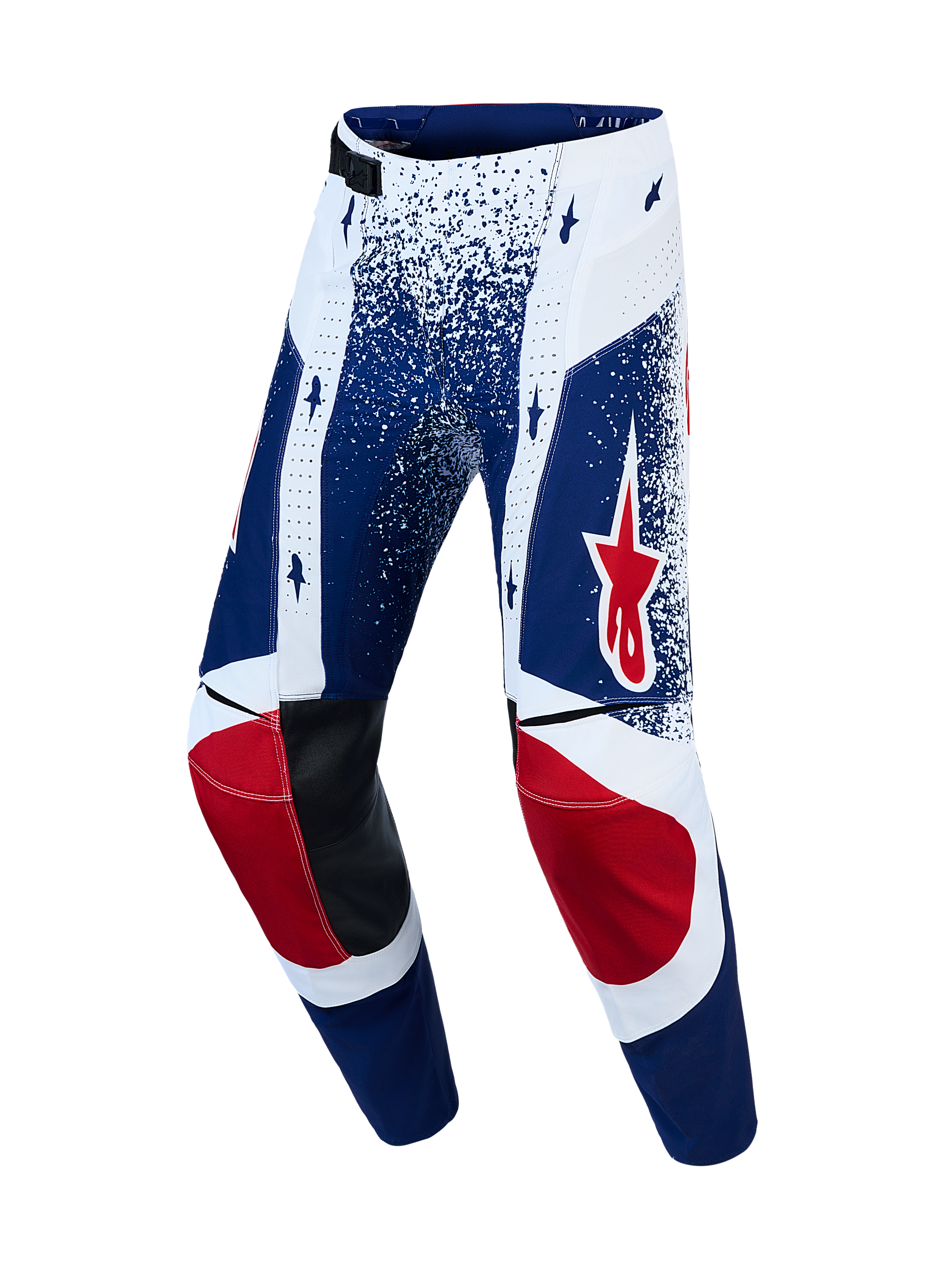 Alpinestars Techstar Unity broek, blauwe en witte motorcrossbroek met rode steraccenten en lederen kniebescherming.