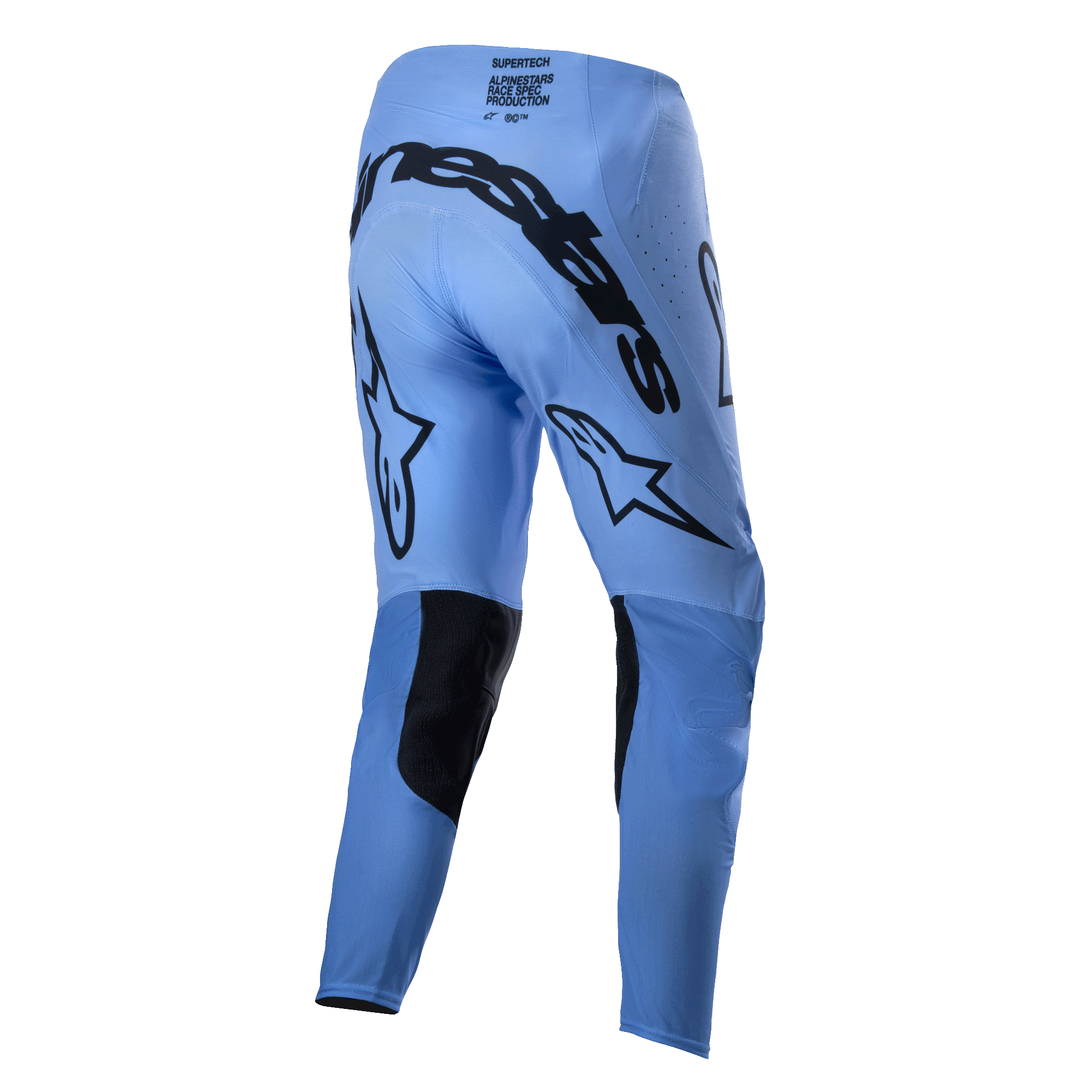 Alpinestars 2024 Supertech Dade broek, crossbroek, lichtblauw, achteraanzicht met grote zwarte Alpinestars-branding op het zitvlak, sterlogo's op de achterkant van de pijpen, zwarte verstevigde binnenkniepanelen en geperforeerde ventilatiezones.