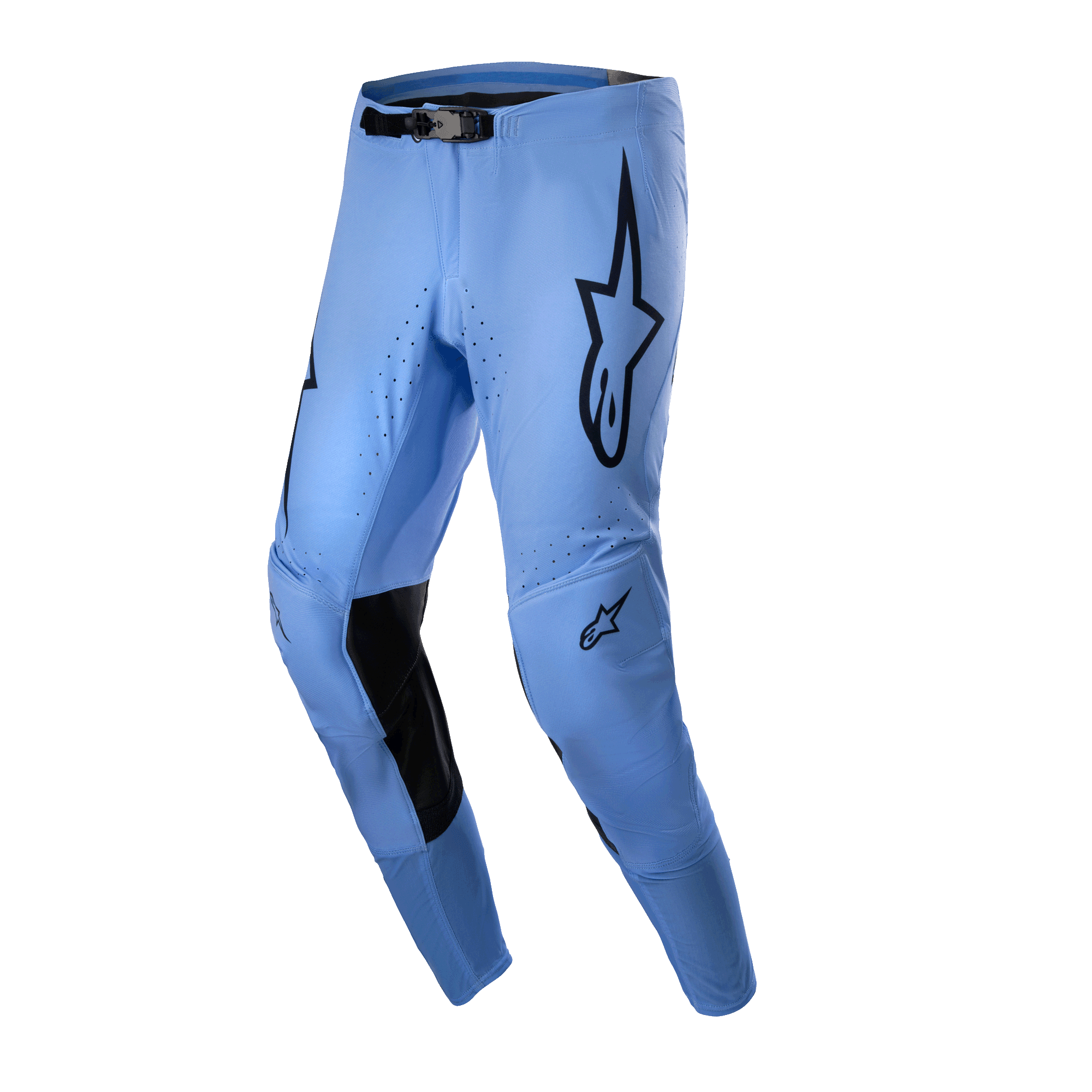 Alpinestars 2024 Supertech Dade broek, motorcrossbroek, lichtblauw, met zwarte sterlogo's op de dijen, zwarte knieversterkingen aan de binnenzijde, geperforeerde ventilatieopeningen en een atletische racepasvorm voor off-road prestaties