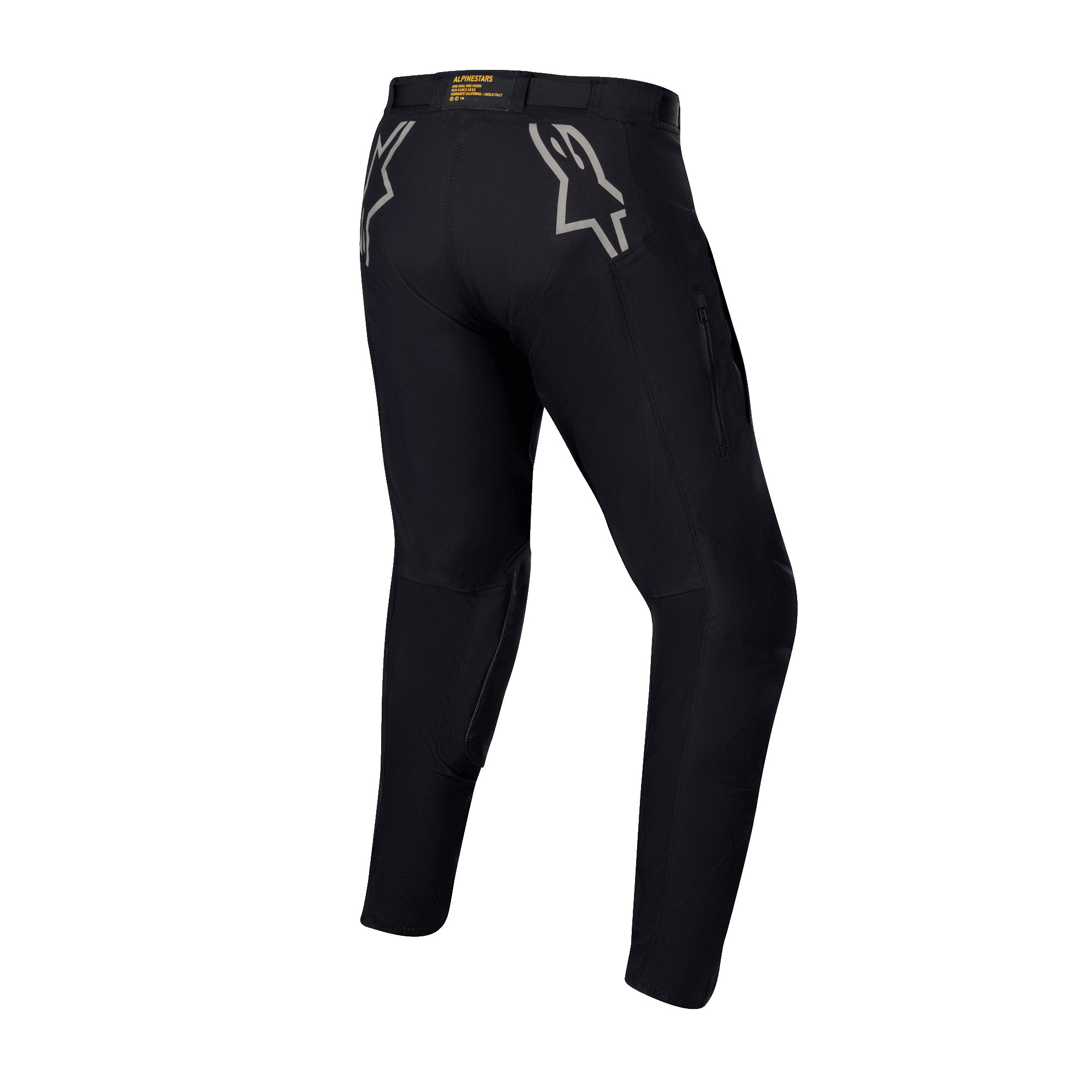Alpinestars Techdura broek, zwarte enduro- en off-roadbroek, achteraanzicht met grijze sterlogo's op de heupen en gele branding op de achterkant van de tailleband, robuust stretch polyamide materiaal, duurzaam ontwerp voor motorrijden