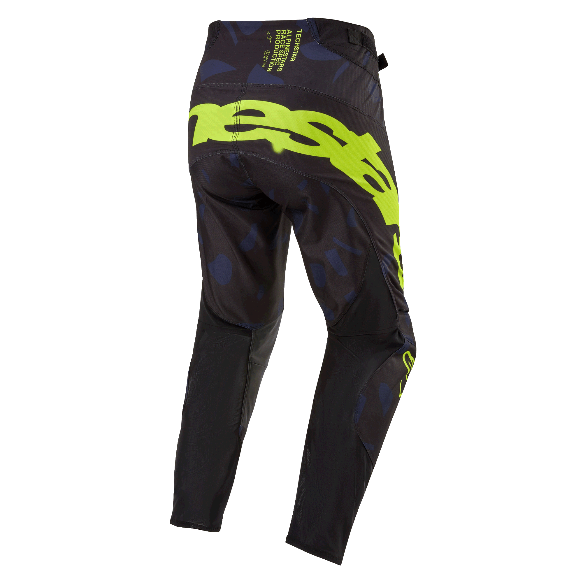 Alpinestars 2024 Techstar Rantera-broek, motorcrossbroek, zwart, navy en fluogeel, achteraanzicht met opvallende fluogele branding op het zitvlak, navy panelen met patroon en technisch zwart materiaal voor off-road raceprestaties