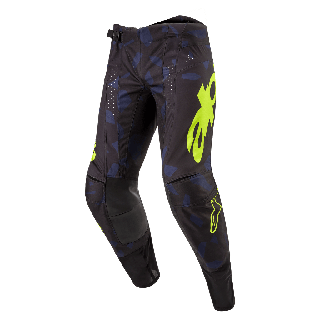 Alpinestars 2024 Techstar Rantera crossbroek, motorcrossbroek, zwart, navy blauw en neongeel, voorzien van opvallende gele logo's, lasergesneden perforaties voor luchtstroom en versterkte kniepanelen, race-geïnspireerd ontwerp voor motorcrossprestaties