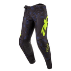 Alpinestars 2024 Techstar Rantera crossbroek, motorcrossbroek, zwart, navy blauw en neongeel, voorzien van opvallende gele logo's, lasergesneden perforaties voor luchtstroom en versterkte kniepanelen, race-geïnspireerd ontwerp voor motorcrossprestaties