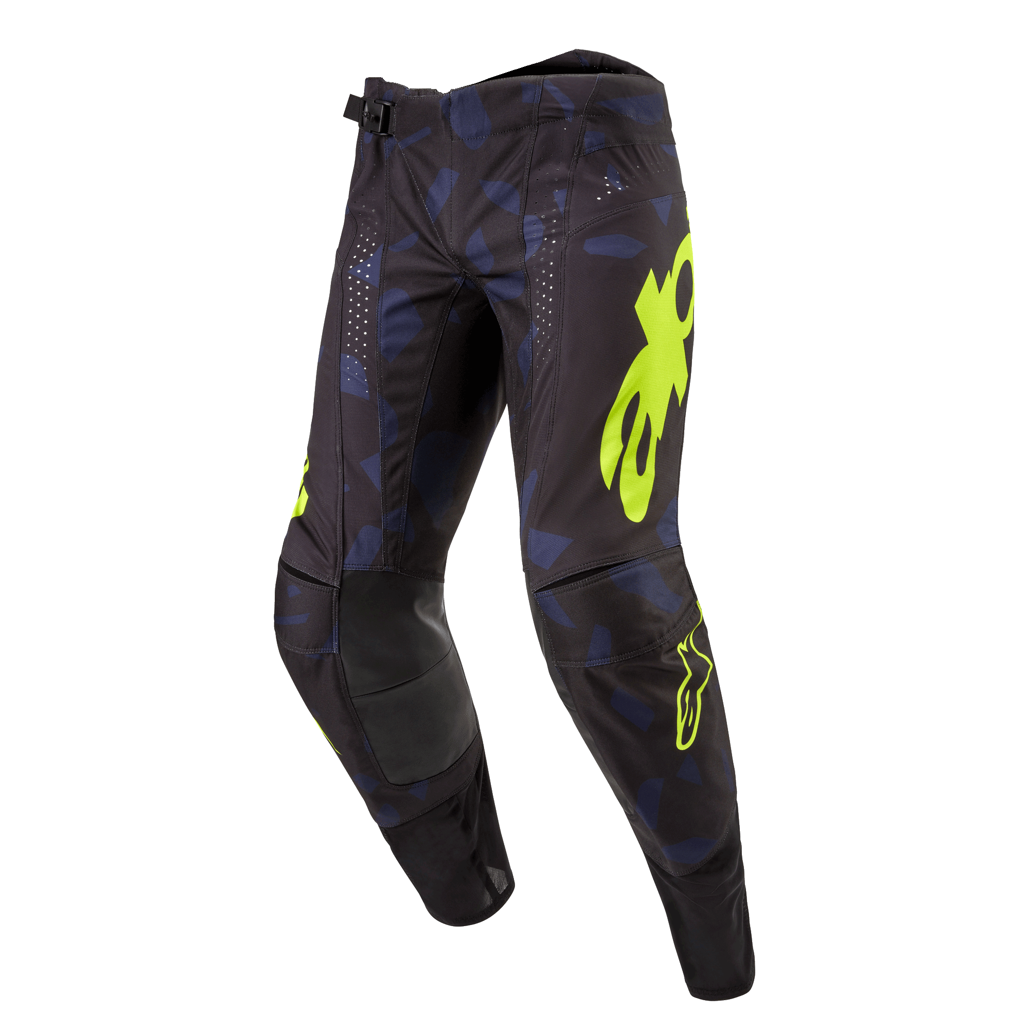 Alpinestars 2024 Techstar Rantera crossbroek, motorcrossbroek, zwart, navy blauw en neongeel, voorzien van opvallende gele logo's, lasergesneden perforaties voor luchtstroom en versterkte kniepanelen, race-geïnspireerd ontwerp voor motorcrossprestaties