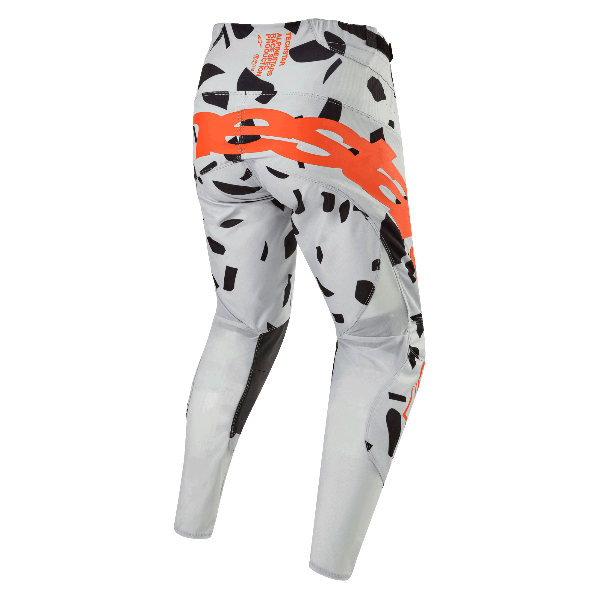 Alpinestars 2024 Techstar Rantera crossbroek, motorcross broek, Haze Gray Camo, achteraanzicht met groot oranje logo over het zitvlak, zwarte grafische patronen op grijze stof, sportief ontwerp voor off-road prestaties
