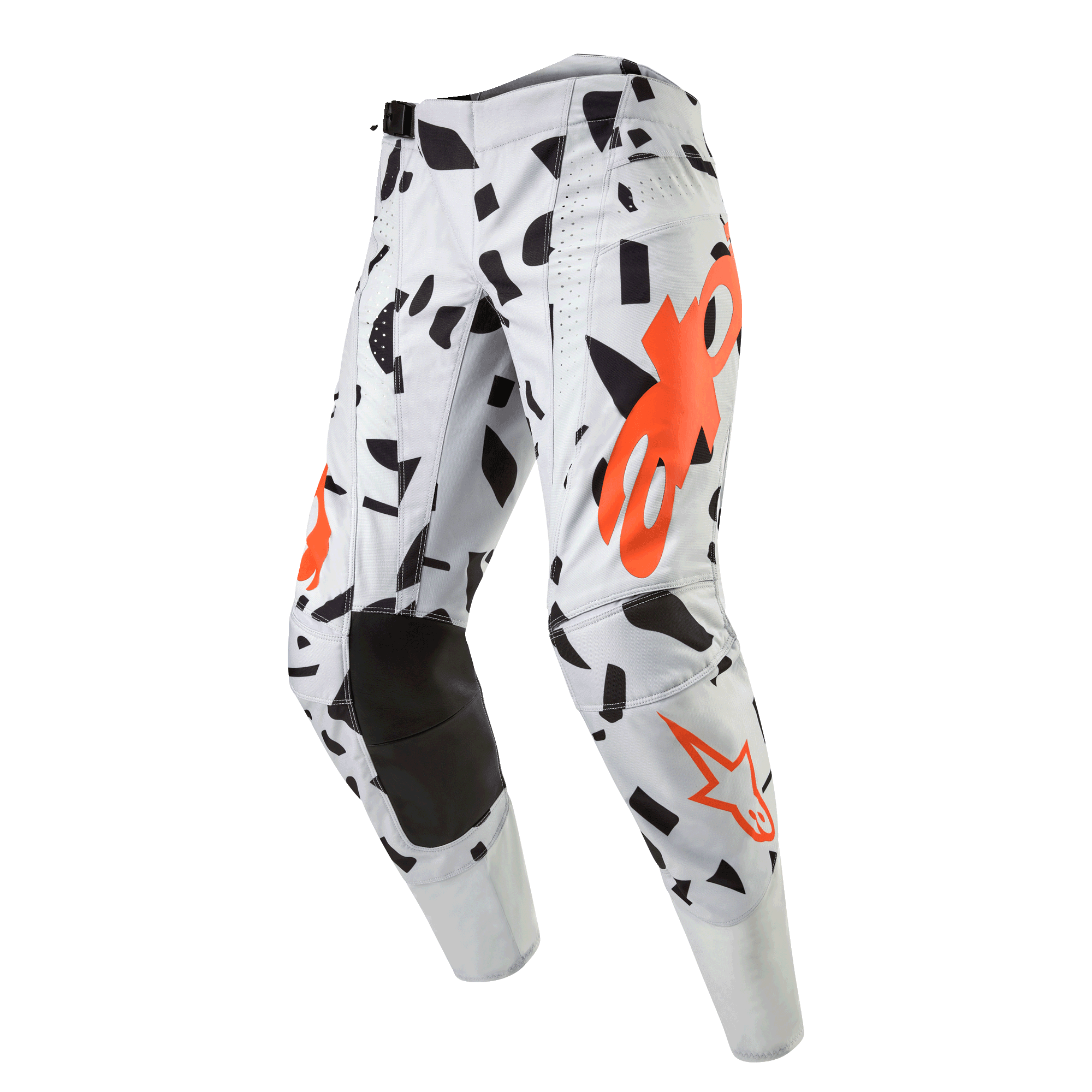Alpinestars 2024 Techstar Rantera crossbroek, motorcross broek, Haze Gray Camo, lichtgrijs met zwarte abstracte vormen en oranje logo's, versterkte zwarte knieën, professionele off-road race-uitrusting