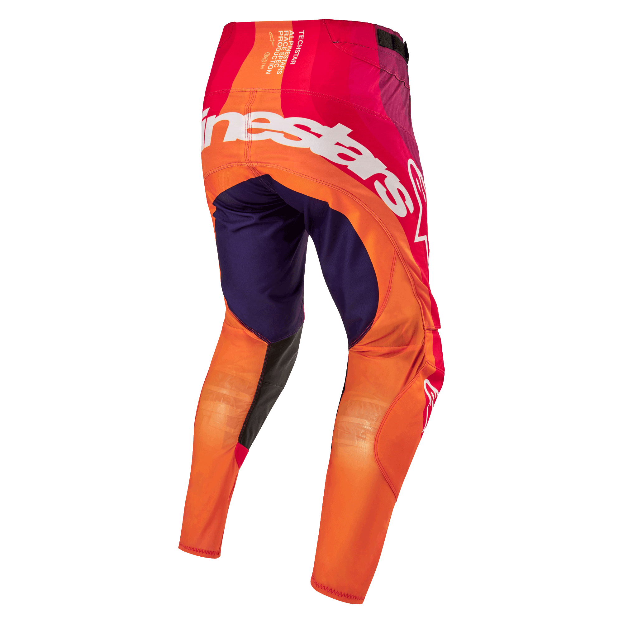 Alpinestars 2024 Techstar Pneuma crossbroek, motorcross broek, achteraanzicht, oranje, donkerpaars en donkerblauw, groot wit Alpinestars logo op de achterkant, technische stretchmaterialen voor optimale bewegingsvrijheid.