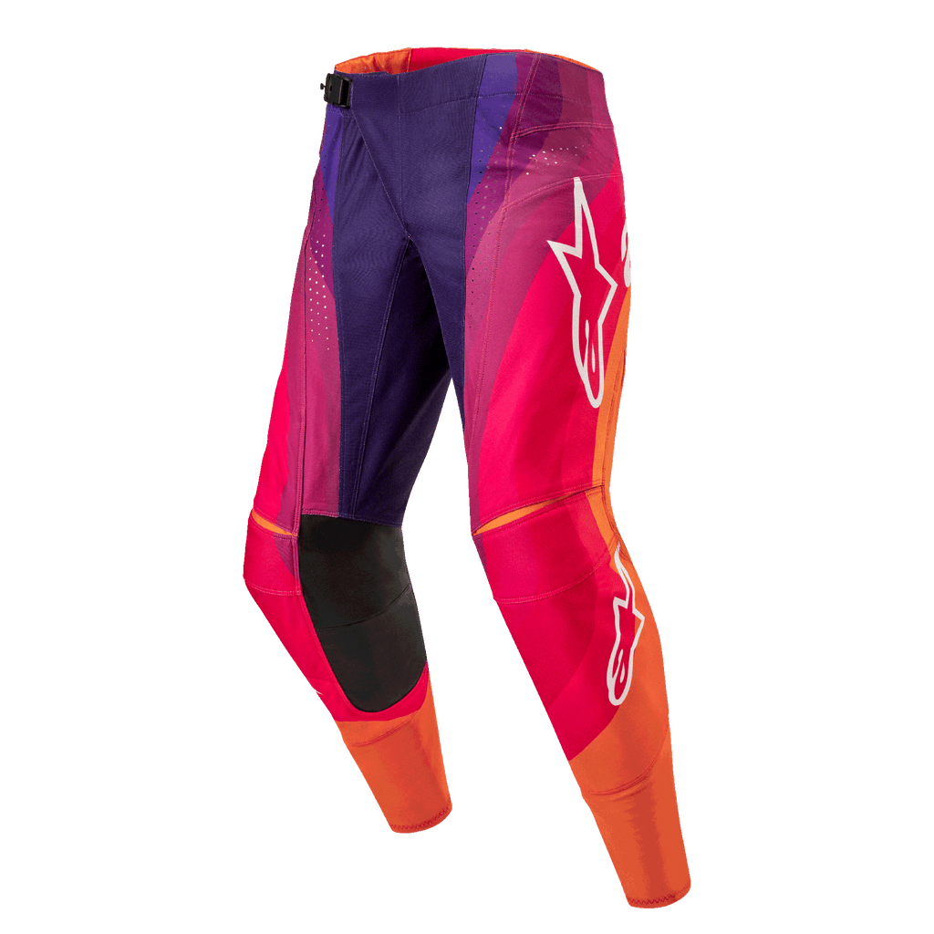 Alpinestars 2024 Techstar Pneuma crossbroek, motorcross broek, paars met oranje en rood kleurverloop, witte logo's, duurzame constructie met stretchzones voor off-road prestaties