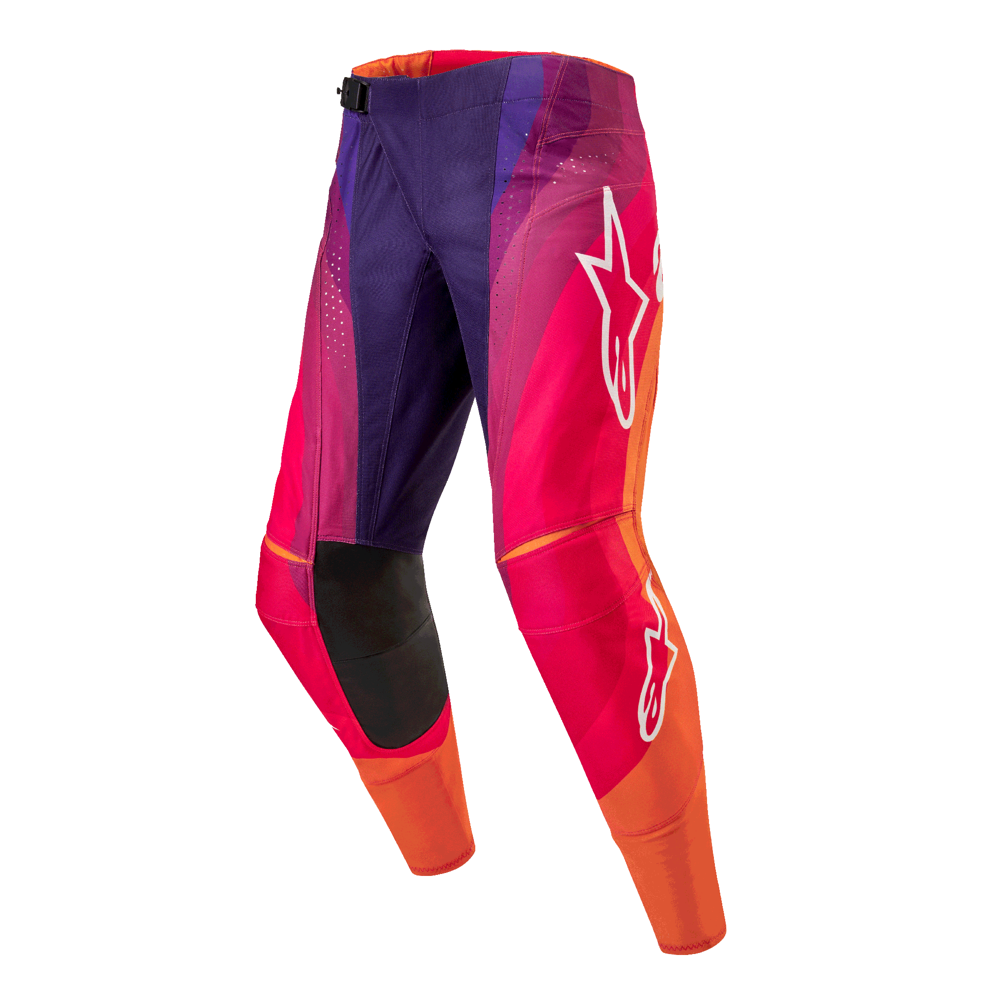 Alpinestars 2024 Techstar Pneuma crossbroek, motorcross broek, paars met oranje en rood kleurverloop, witte logo's, duurzame constructie met stretchzones voor off-road prestaties