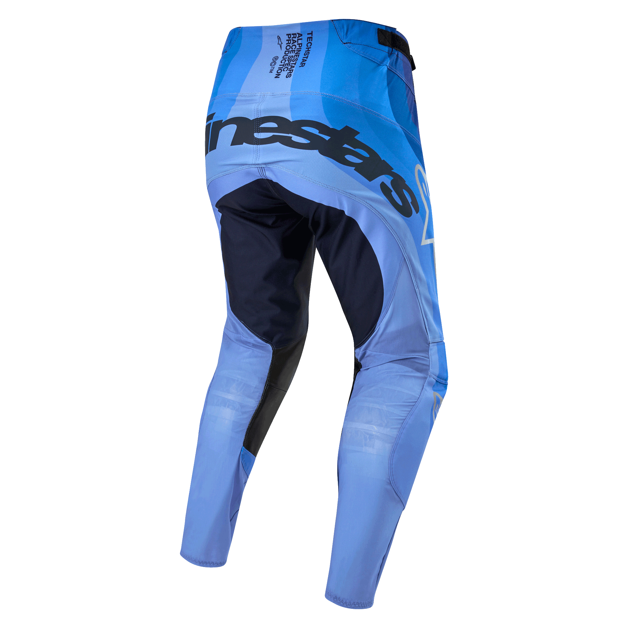 Alpinestars 2024 Techstar Pneuma broek, motocrossbroek, donkerblauw en lichtblauw, achteraanzicht met opvallende branding op het zitvlak, donkerblauwe versterkte binnenpanelen op de dijen en lichtgewicht lichtblauw chassis voor off-road prestaties.