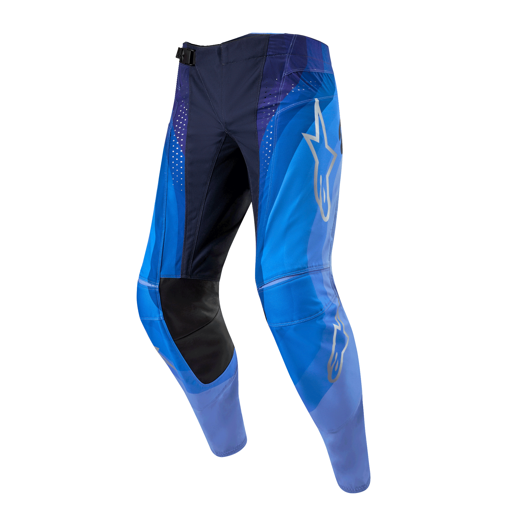 Alpinestars 2024 Techstar Pneuma broek, motorcross broek, donkerblauw en lichtblauw, met een zilveren Alpinestars sterlogo op de dij, zwarte lederen panelen aan de binnenkant van de knie en lasergesneden ventilatieperforaties.