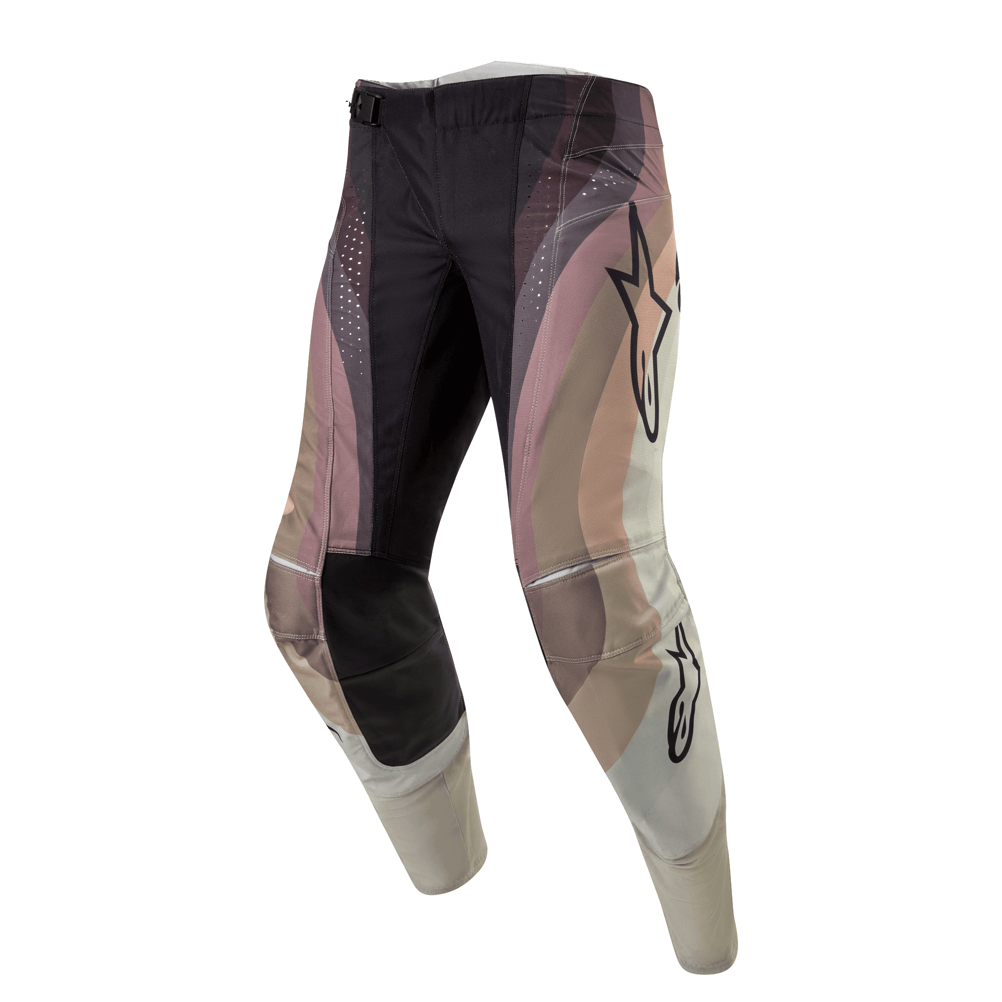 Alpinestars 2024 Techstar Pneuma crossbroek, motorcross broek, Dark Sand, Iron Dust en grijs, golvend kleurvlak-ontwerp met Alpinestars sterlogo's, zwarte versterkte kniepanelen en lasergesneden perforaties, duurzame off-road racekleding