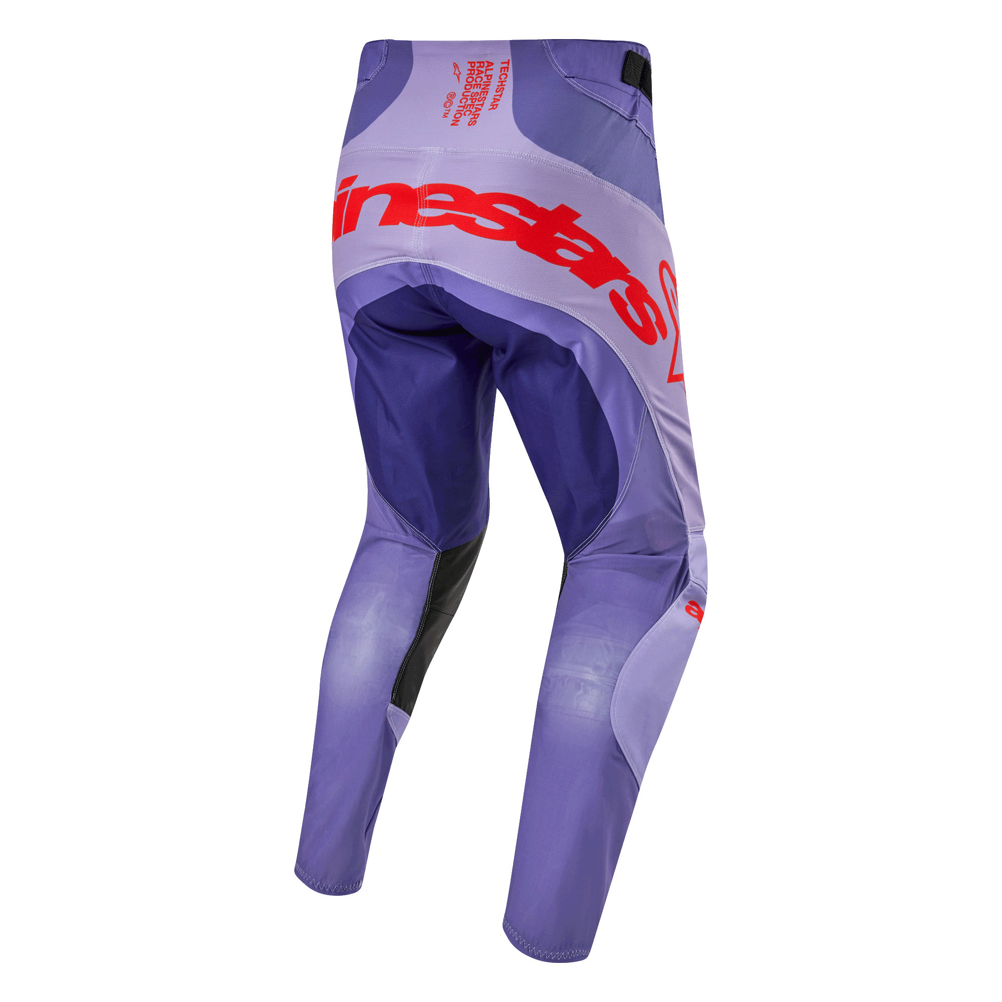 Alpinestars 2024 Techstar Ocuri motorcross broek, paars met opvallende rode Alpinestars logo's op de achterzijde, achteraanzicht, technische materialen voor off-road prestaties en duurzaamheid.