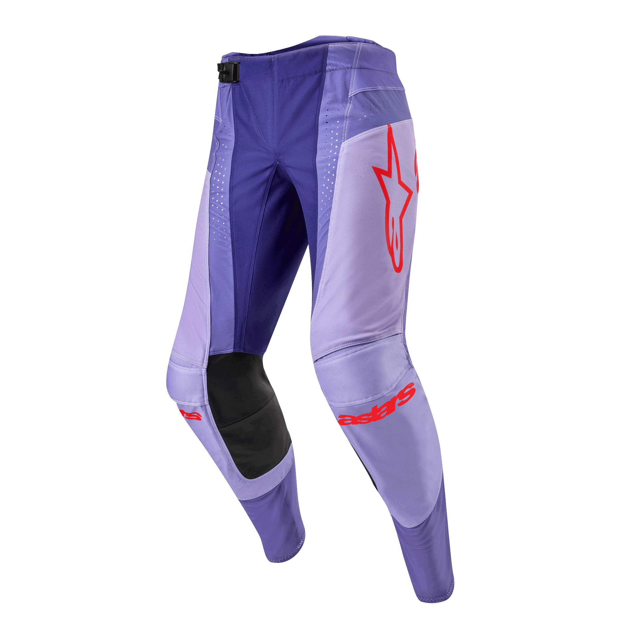 Alpinestars 2024 Techstar Ocuri crossbroek, motorcross broek, paars met feloranje accenten en rode logo's, zwarte kniestukken, sportieve pasvorm, duurzaam materiaal voor off-road competitie