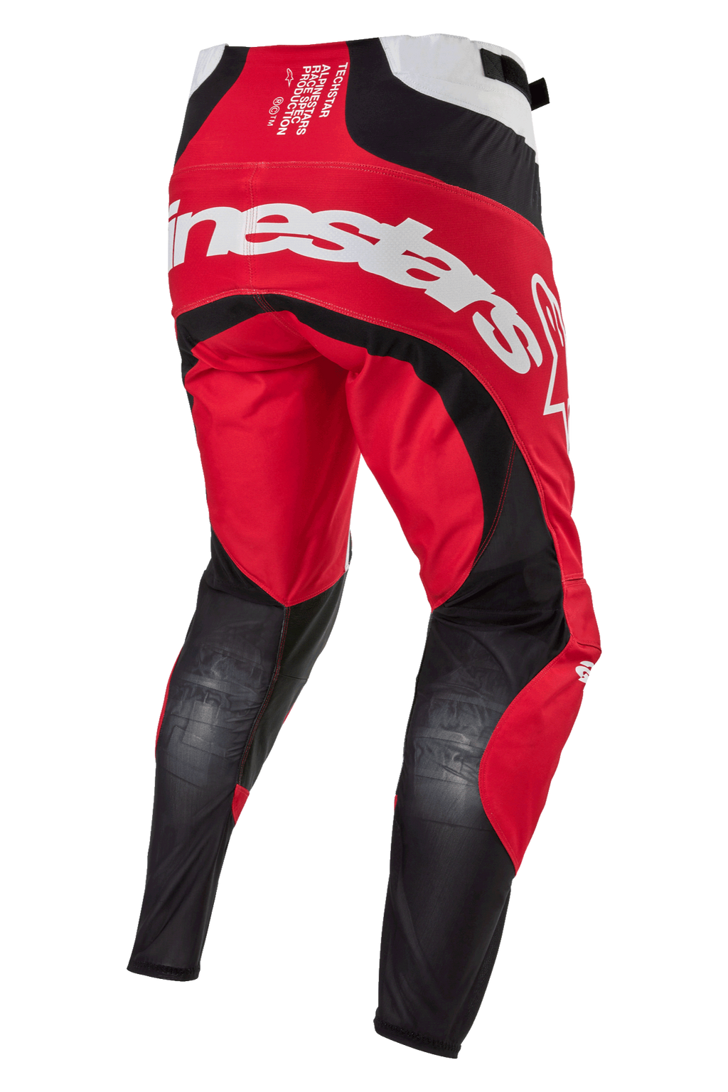 Alpinestars 2024 Techstar Ocuri broek, motorcrossbroek, Mars Red wit en zwart, achteraanzicht met groot wit Alpinestars-logo over het zitvlak, ademende zwarte mesh-panelen aan de achterkant van de benen en duurzame rode textielconstructie voor off-road racen.