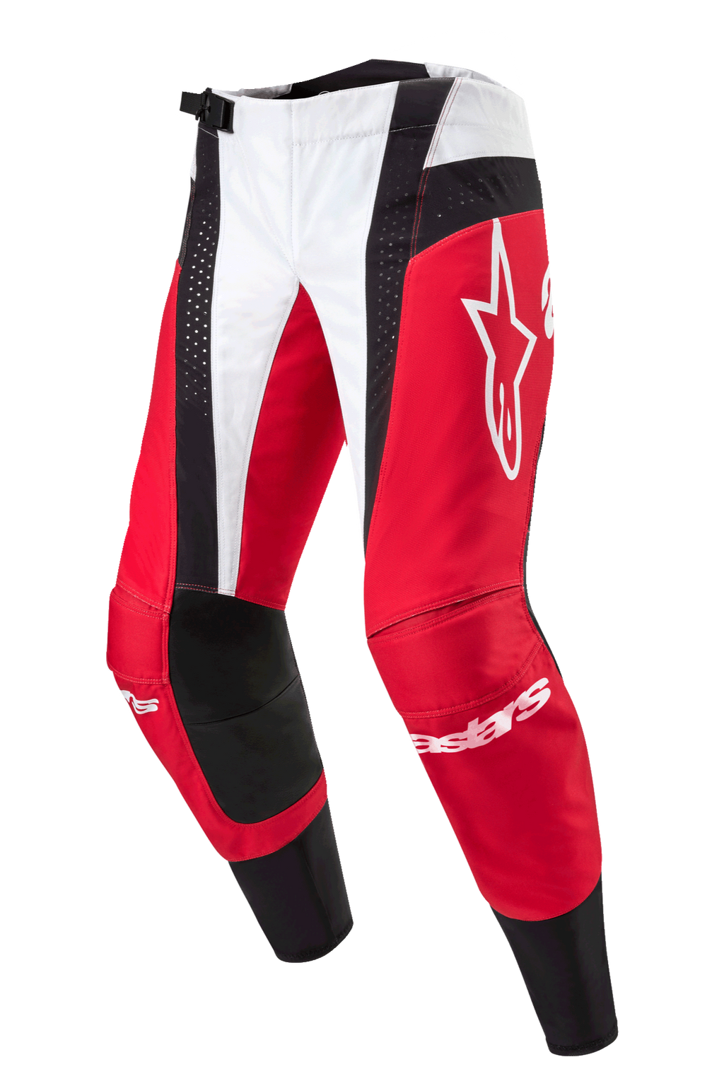 Alpinestars 2024 Techstar Ocuri crossbroek, motorcross broek, Mars Red White Black, met rode en witte panelen en zwarte geperforeerde accenten, groot wit Astar-logo op het dijbeen, Alpinestars-branding op de schenen, duurzaam ontwerp voor off-road racen
