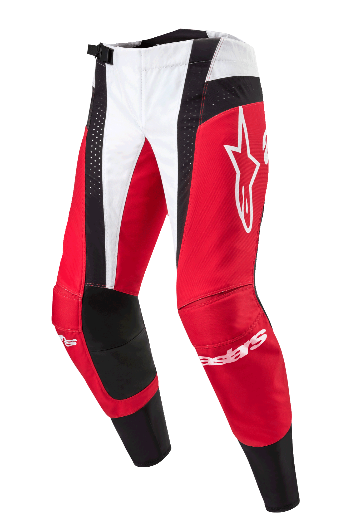 Alpinestars 2024 Techstar Ocuri crossbroek, motorcross broek, Mars Red White Black, met rode en witte panelen en zwarte geperforeerde accenten, groot wit Astar-logo op het dijbeen, Alpinestars-branding op de schenen, duurzaam ontwerp voor off-road racen