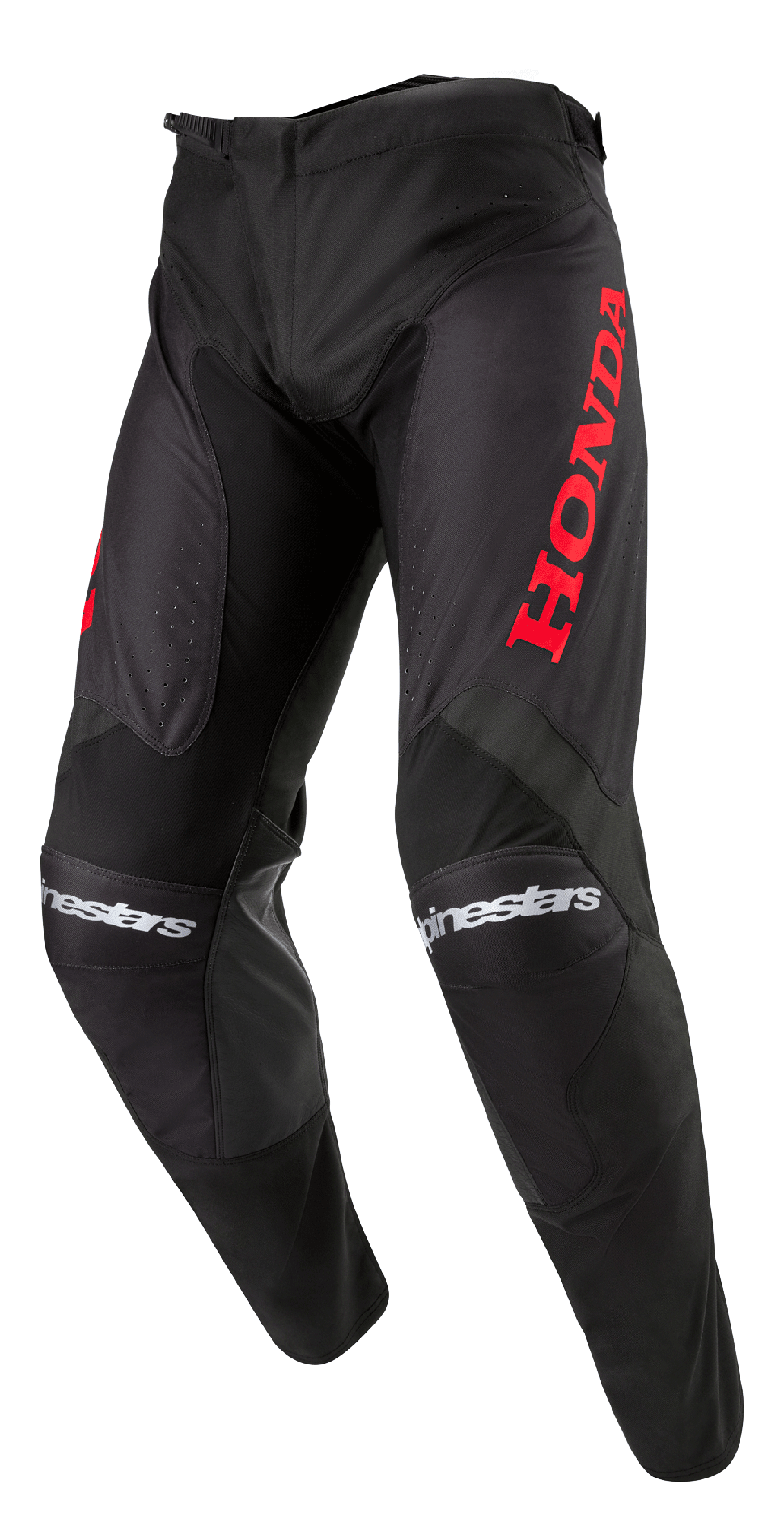 Alpinestars Honda Racer Iconic crossbroek, motorcross broek, zwart met rode branding, voorzien van een groot rood Honda-logo op het bovenbeen en witte Alpinestars-tekst op de knieën, sportief ontwerp voor off-road prestaties