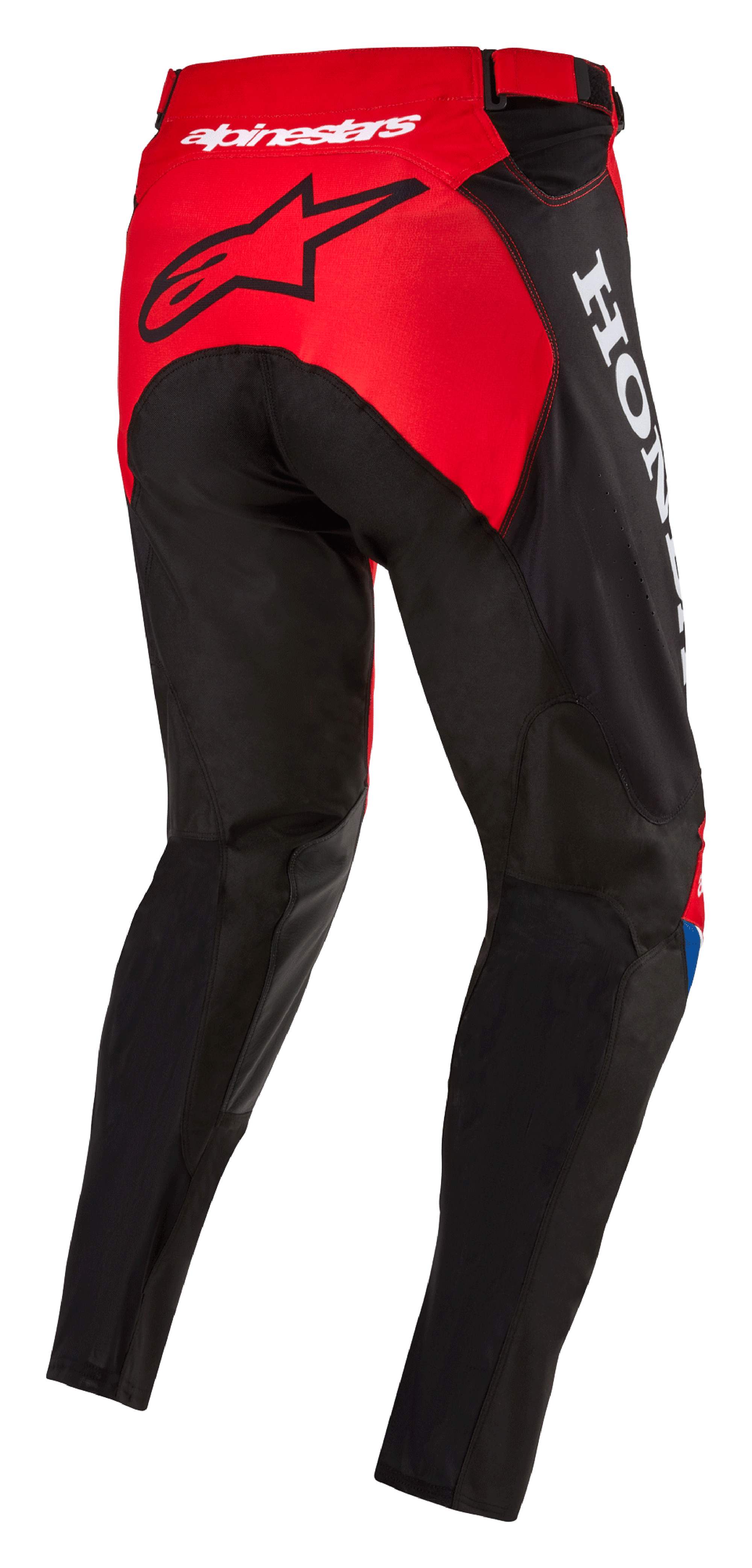 Alpinestars Honda Racer Iconic Pants, Motocross Pants, Bright Red Black and White, rear three-quarter view showing red seat panel with black star logo, white Honda branding on the side, and durable sport-cut textile construction for off-road racing