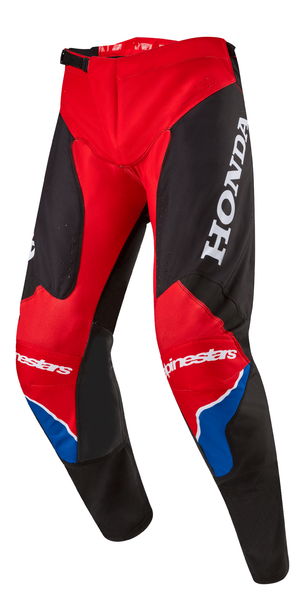 Alpinestars Honda Racer Iconic Pants, Motocross Pants, Bright Red Black and White with Blue accents, featuring a large white HONDA logo on the thigh, Alpinestars branding on the knees, ergonomic pre-curved leg construction, and adjustable ratchet waist closure.