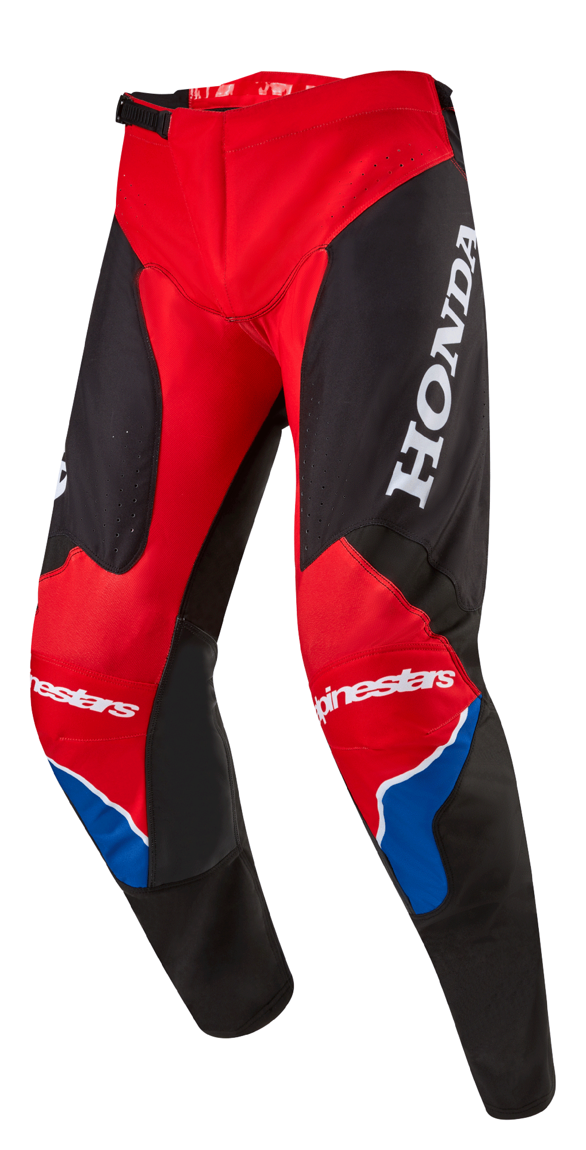 Alpinestars Honda Racer Iconic Pants, Motocross Pants, Bright Red Black and White with Blue accents, featuring a large white HONDA logo on the thigh, Alpinestars branding on the knees, ergonomic pre-curved leg construction, and adjustable ratchet waist closure.
