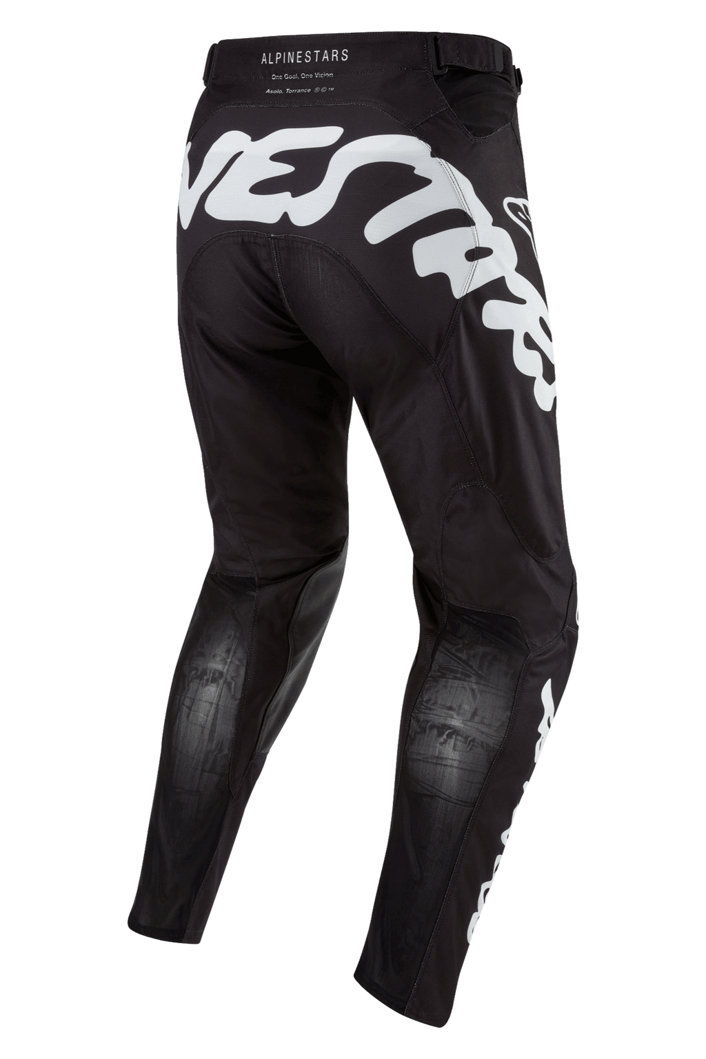 Alpinestars 2024 Racer Hana Pants, motorcrossbroek, zwart met wit, achteraanzicht met groot wit grafisch logo op het zitvlak, ademende Stretchnet-zones op de kuiten, sportieve pasvorm voor terreinrijden.