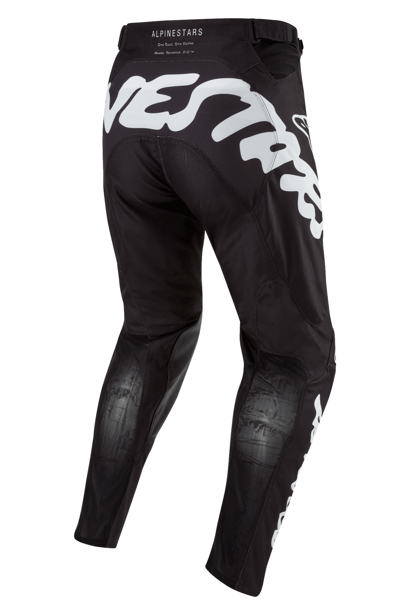 Alpinestars 2024 Racer Hana Pants, motorcrossbroek, zwart met wit, achteraanzicht met groot wit grafisch logo op het zitvlak, ademende Stretchnet-zones op de kuiten, sportieve pasvorm voor terreinrijden.