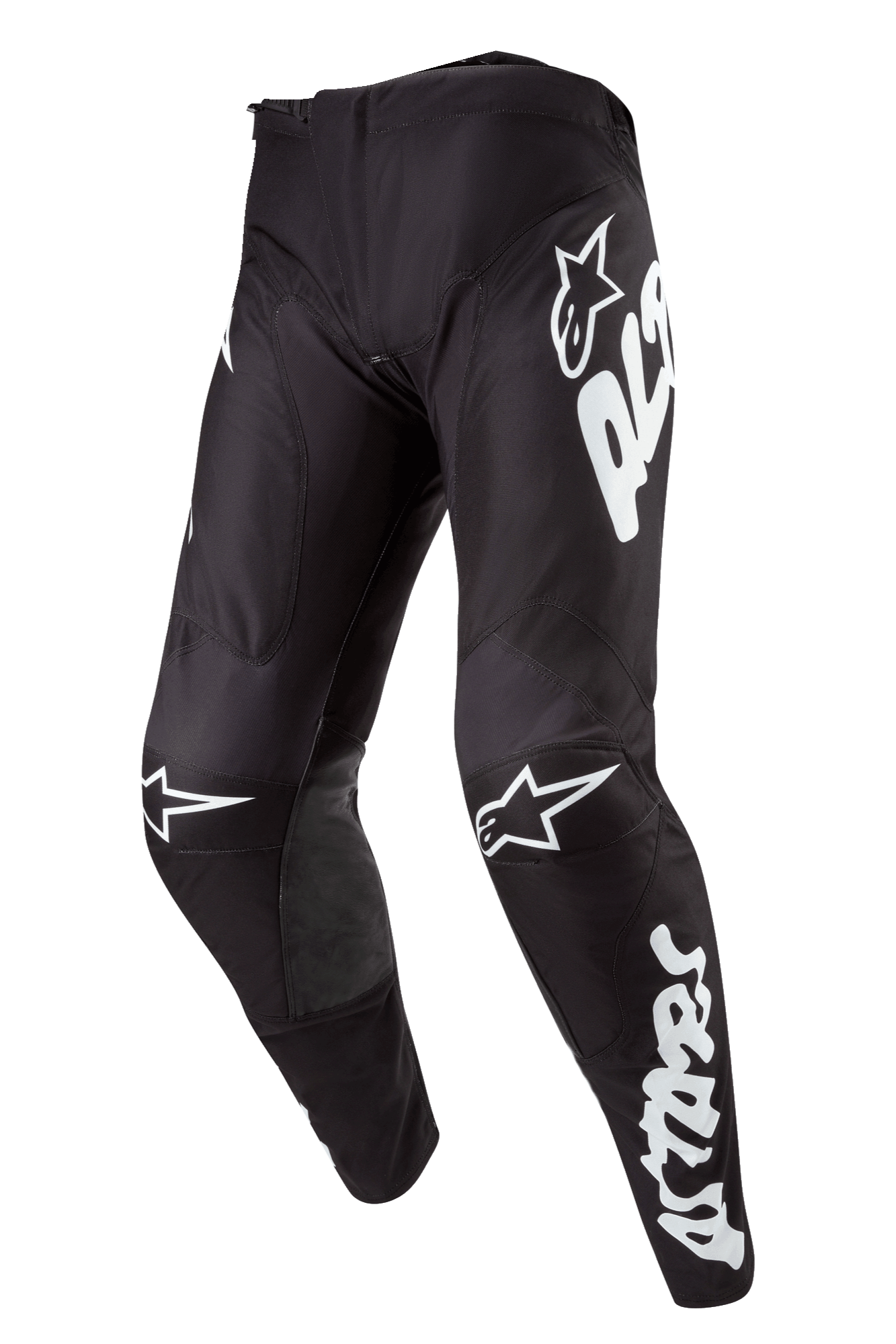Alpinestars 2024 Racer Hana Pants, zwarte motorcross broek met grote witte Alpinestars logo's op de zijkant en knieën, voorgevormde pasvorm, duurzaam en lichtgewicht materiaal voor off-road rijden