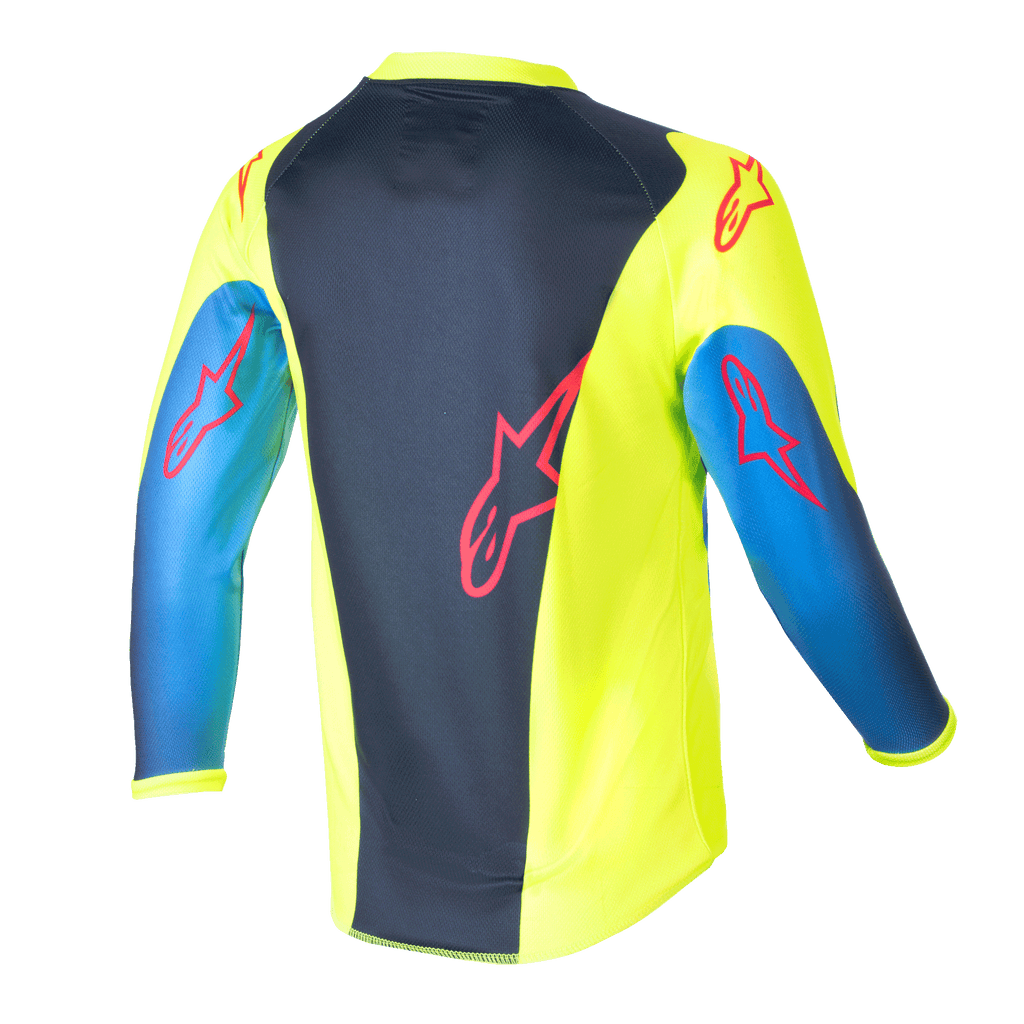 Alpinestars Kids 2024 Racer Graphic 1 Jersey, motorcross jersey, fluogeel en Blue Night Navy, achteraanzicht met rode sterlogo's, opvallend ontwerp met donkerblauw middenpaneel en gele zijkanten, lichtgewicht poly-stof voor off-road rijden