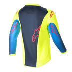 Alpinestars Kids 2024 Racer Graphic 1 Jersey, motorcross jersey, fluogeel en Blue Night Navy, achteraanzicht met rode sterlogo's, opvallend ontwerp met donkerblauw middenpaneel en gele zijkanten, lichtgewicht poly-stof voor off-road rijden